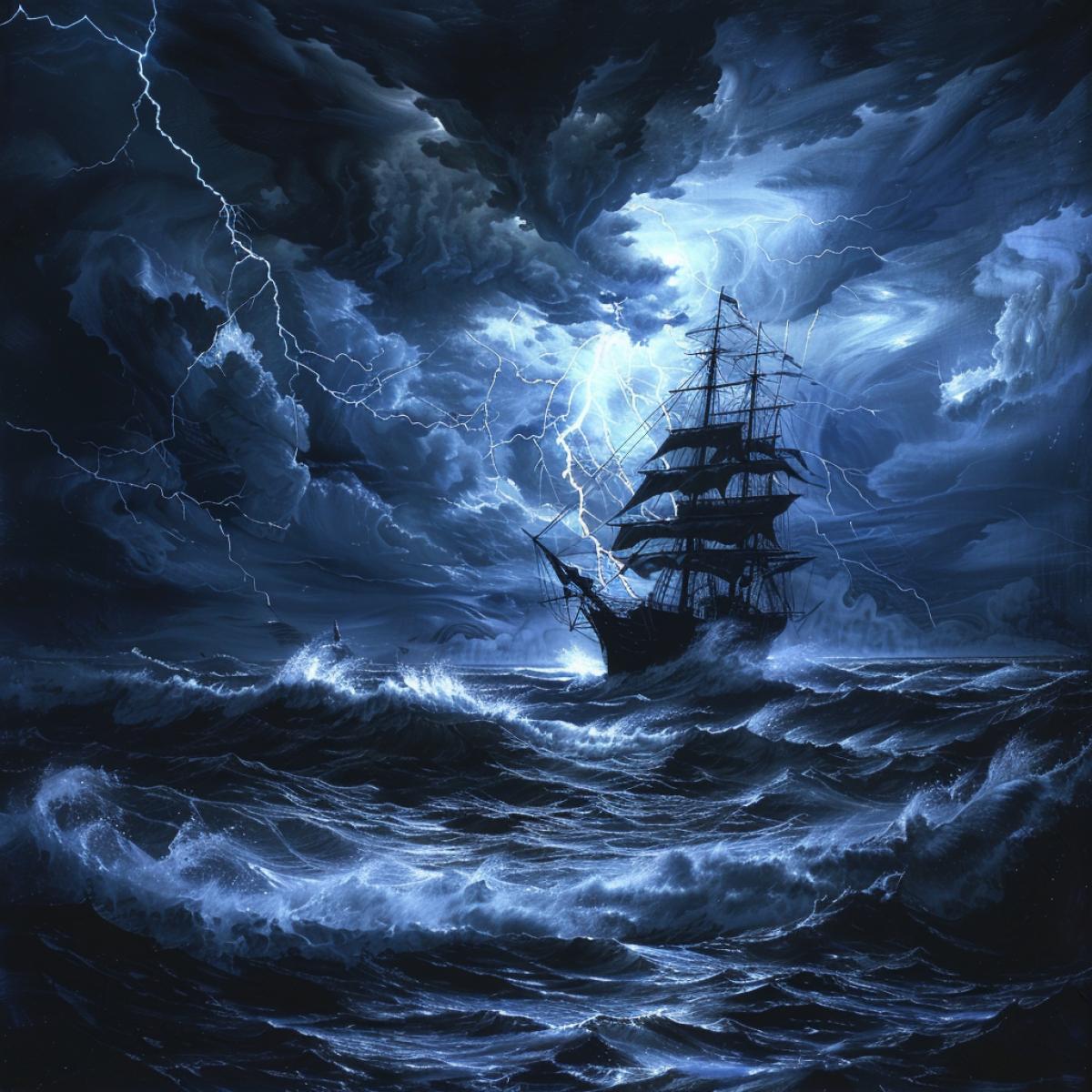 Night, the sky is cut by lightning, they seem to cut the heavens in half, the waters of the ocean are dark, huge waves, 9 swells, strive to swallow the ship, which finds itself face to face with the elements. From lightning flashes, the ocean seems to light up, the atmosphere is tense, high realism, natural lighting