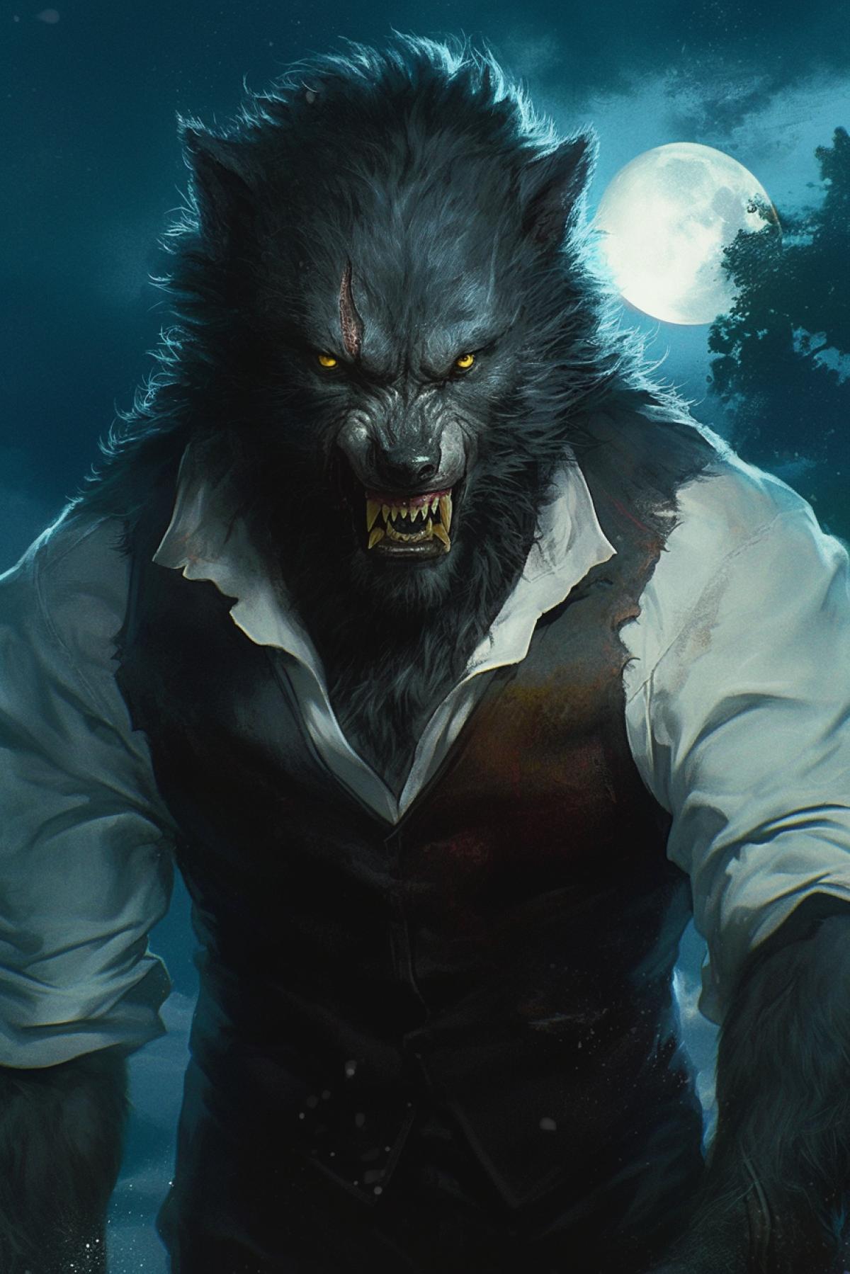 image of a wolf man, a hybrid of a wolf and a human, a werewolf, in the style of the film wolf man of the 20s, white shirt, vest, fangs and yellow eyes, on a dark background, night, horror style, close up, realistic, full face, by Gerald Brom and Stefan Koidl