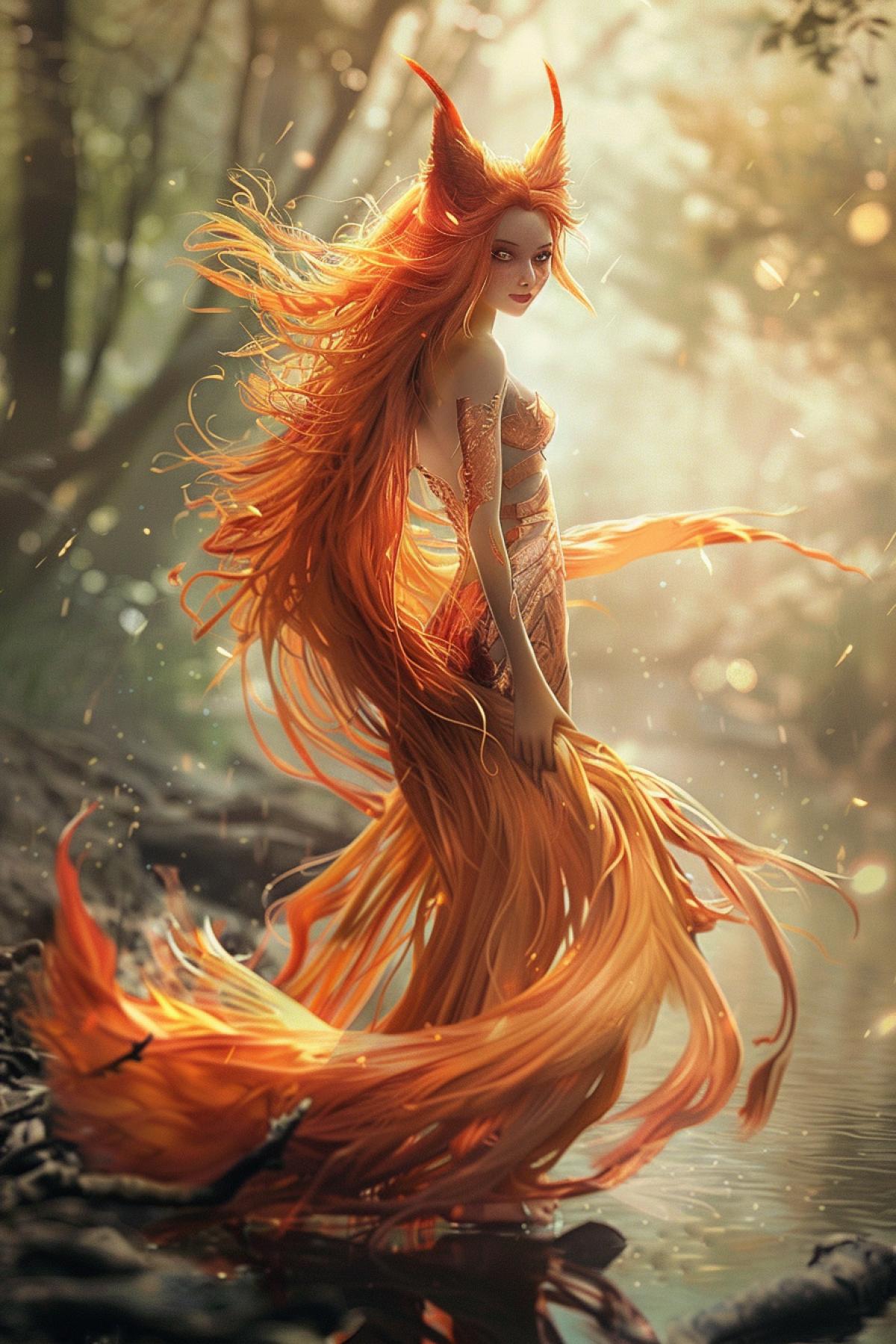 An elegant creature that combines human and fox features: a slender human body with graceful fox ears and a bushy tail, skin with a soft orange tint and white spots. The eyes are bright, expressive, with vertical pupils. The hair is long, red, like a mane, fluttering in the wind. The surroundings are a magical forest, soft, diffused light, morning fog, creating a mysterious and fabulous atmosphere. A creature standing on the edge of a stream, reflected in the water, symbolizes grace and magic.