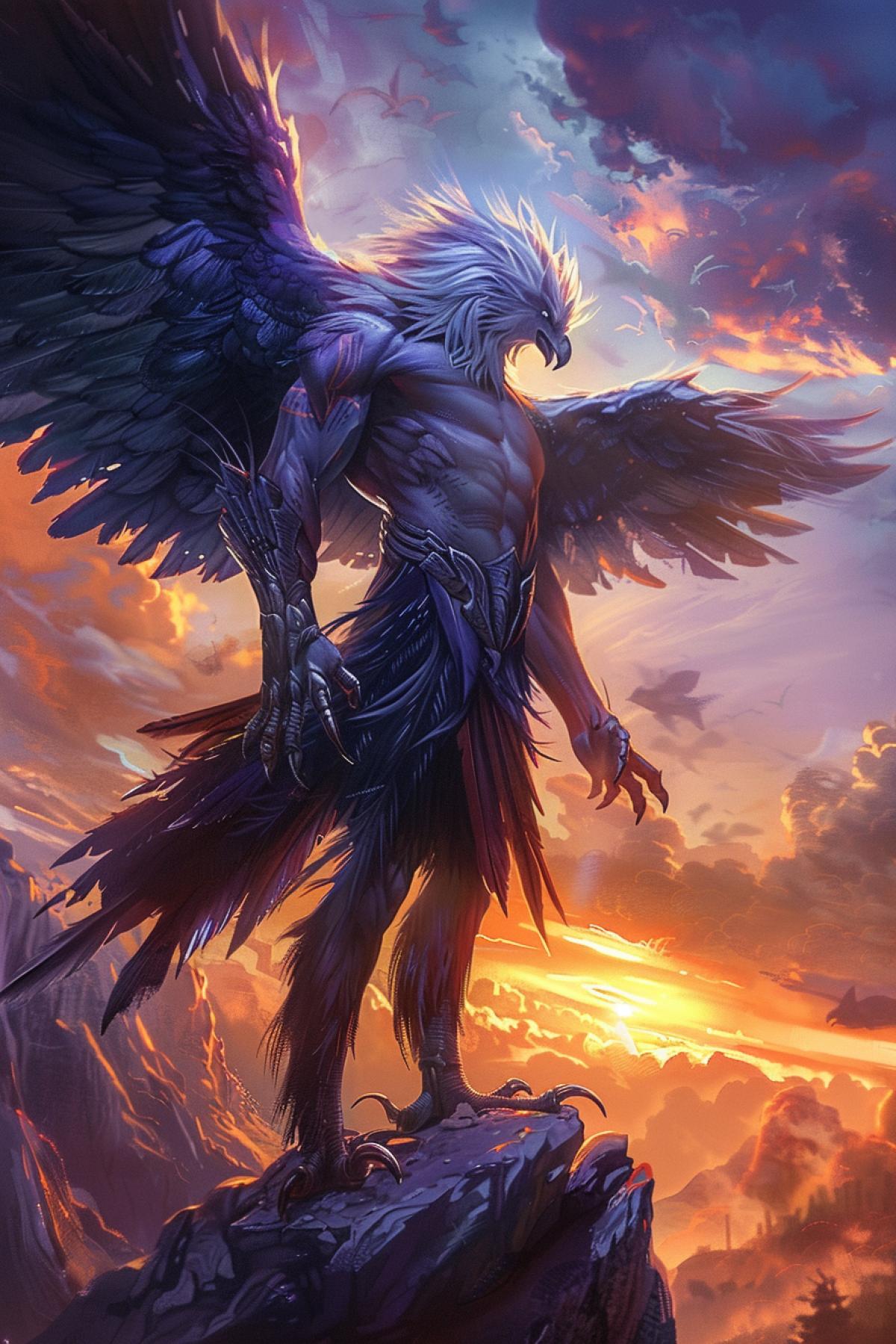 A hybrid of man and eagle, a majestic creature with powerful wings covered in feathers protruding from its shoulders, hands with claws, an eagle-beaked face and piercing eyes. The body is muscular, partially covered with feathers. The setting is a high mountain cliff, set against a sunset sky with hues of orange and purple. Strong winds develop feathers and hair, creating a feeling of movement and power. Rocks and sky in perspective symbolize freedom and strength.