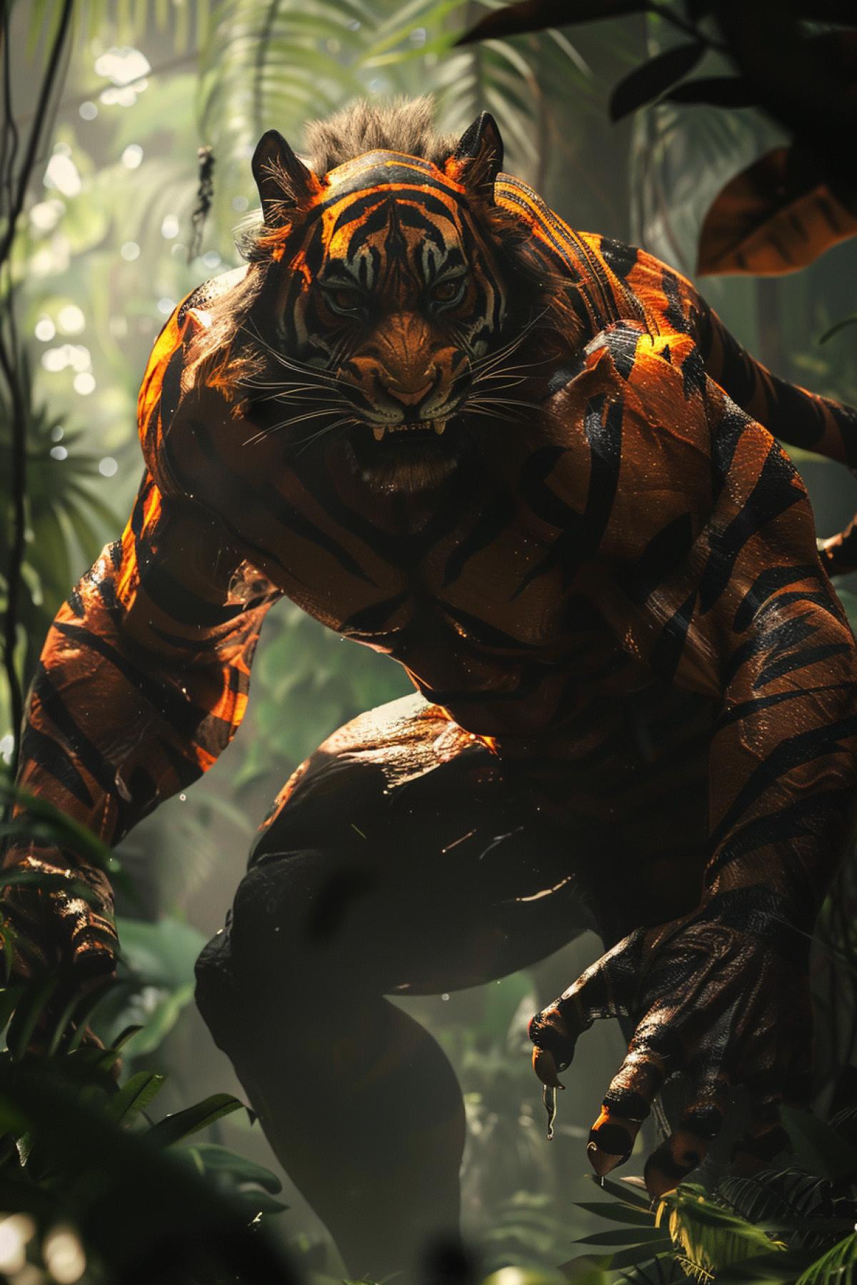 A hybrid of man and tiger, a powerful creature with striped skin, a combination of human features and tiger characteristics: a muscular body with bright orange and dark stripes, a face with tiger eyes and elongated fangs, ears on the top of the head. A creature in a dynamic 4k, ready to jump. The setting is a dense jungle, with light filtering through the foliage creating dramatic shadows. A silhouette in motion symbolizes power, grace and primal strength.