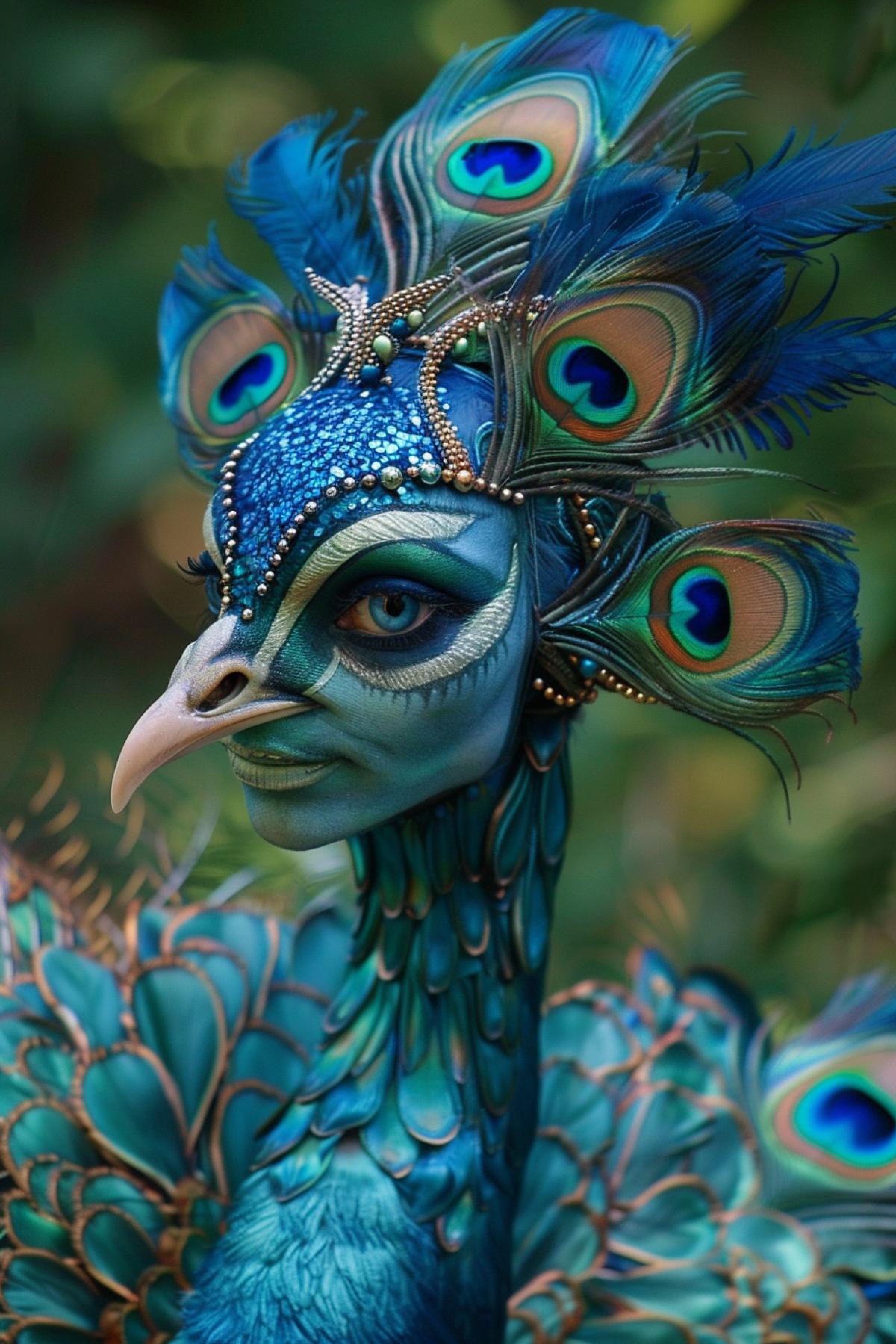 Human-Peacock Hybrid: A graceful human face with a bluish skin tone, framed by peacock feathers that give the appearance of a crown. The eyes are large, expressive, and bright turquoise. The neck and shoulders are decorated with small feathers, flowing into a magnificent peacock tail that opens behind the back. The setting is a garden with exotic plants, soft morning light, highlighting the details and creating an atmosphere of grandeur and beauty.