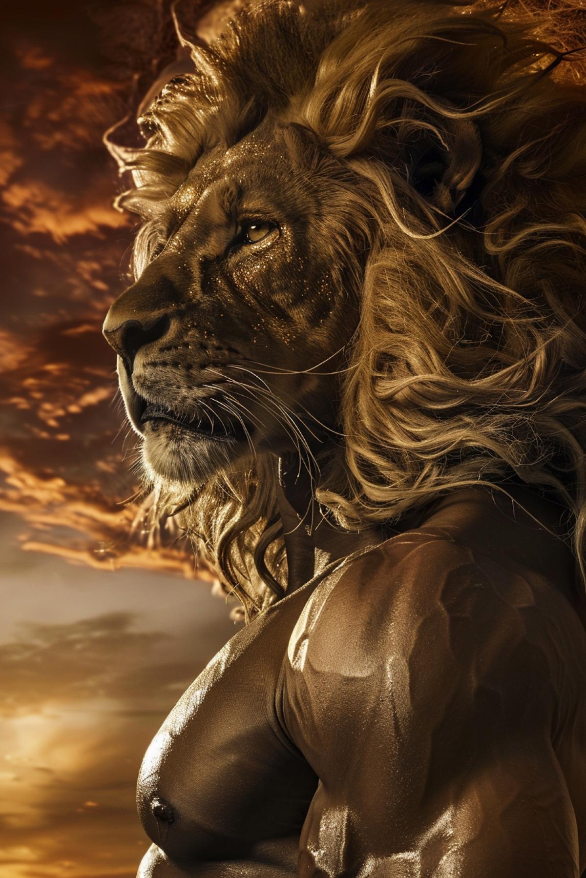 Hybrid of man and lion: the courageous face of a man with a powerful lions mane framing the head and neck. The skin is golden in color, the eyes are deep, with an animal shine. Hands with claws, powerful shoulders with a light covering of fur are visible. The setting is an African savannah, sunset sky with shades of red and orange creating a dramatic and powerful atmosphere. The figure conveys strength and pride, symbolizing greatness and power.
