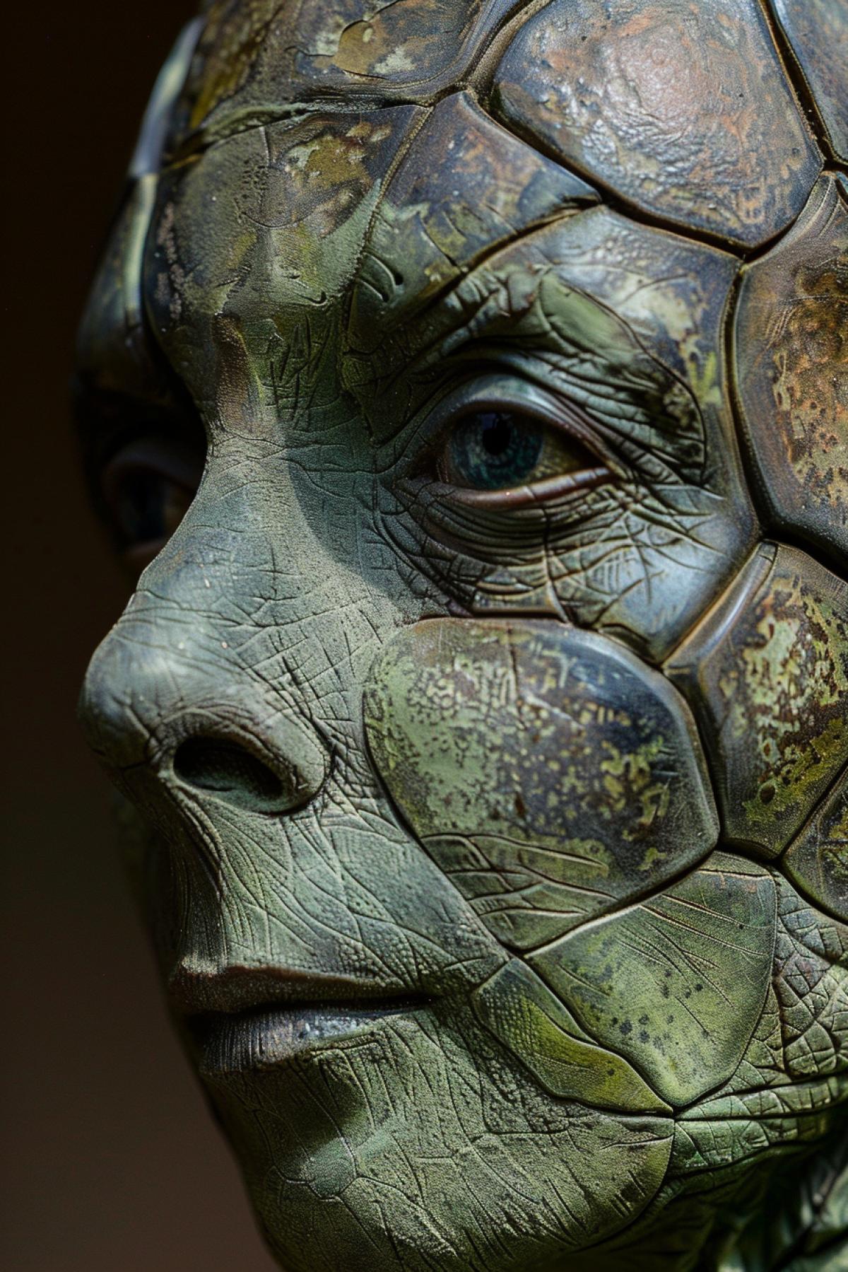 Human-turtle hybrid: a calm human face with large, peaceful eyes and a slight smile, greenish skin with a scaly texture. The neck and shoulders are partially covered with tortoise shell, creating a feeling of protection and stability. The setting is a coastal zone, soft daylight, emphasizing the details of the texture of the skin and shell. The figure conveys stability and longevity, symbolizing peace and harmony.