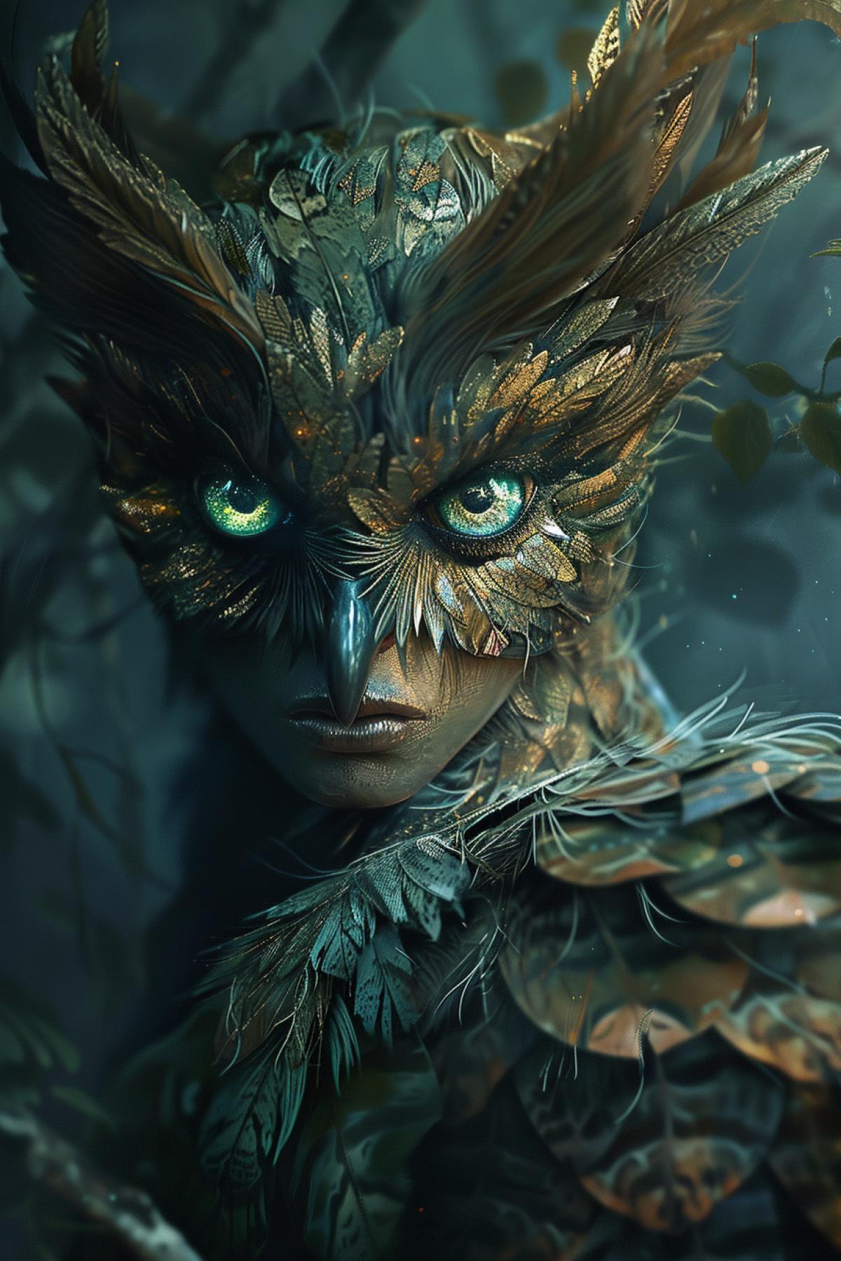 Human-owl hybrid: a sophisticated human face with large, expressive eyes framed by feathers, creating the impression of a mask. The neck and shoulders are covered with soft feathers that turn into wings. Skin with a slight golden tint, eyes glow in the dark. The environment is a night forest, moonlight breaking through the trees, creating mysterious shadows. The figure symbolizes wisdom and mystery.