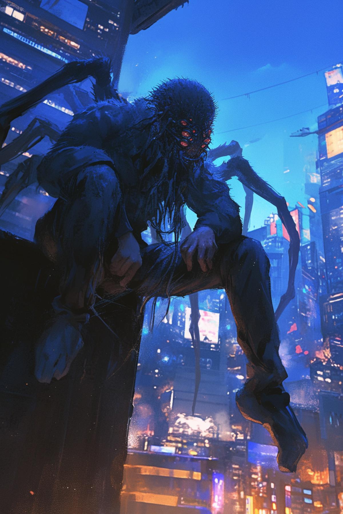 anthropomorphic spider monster, a hybrid of a human and a spider, many paws, a man with a spiders head, horror style, sitting on the wall of a building, night city, close up