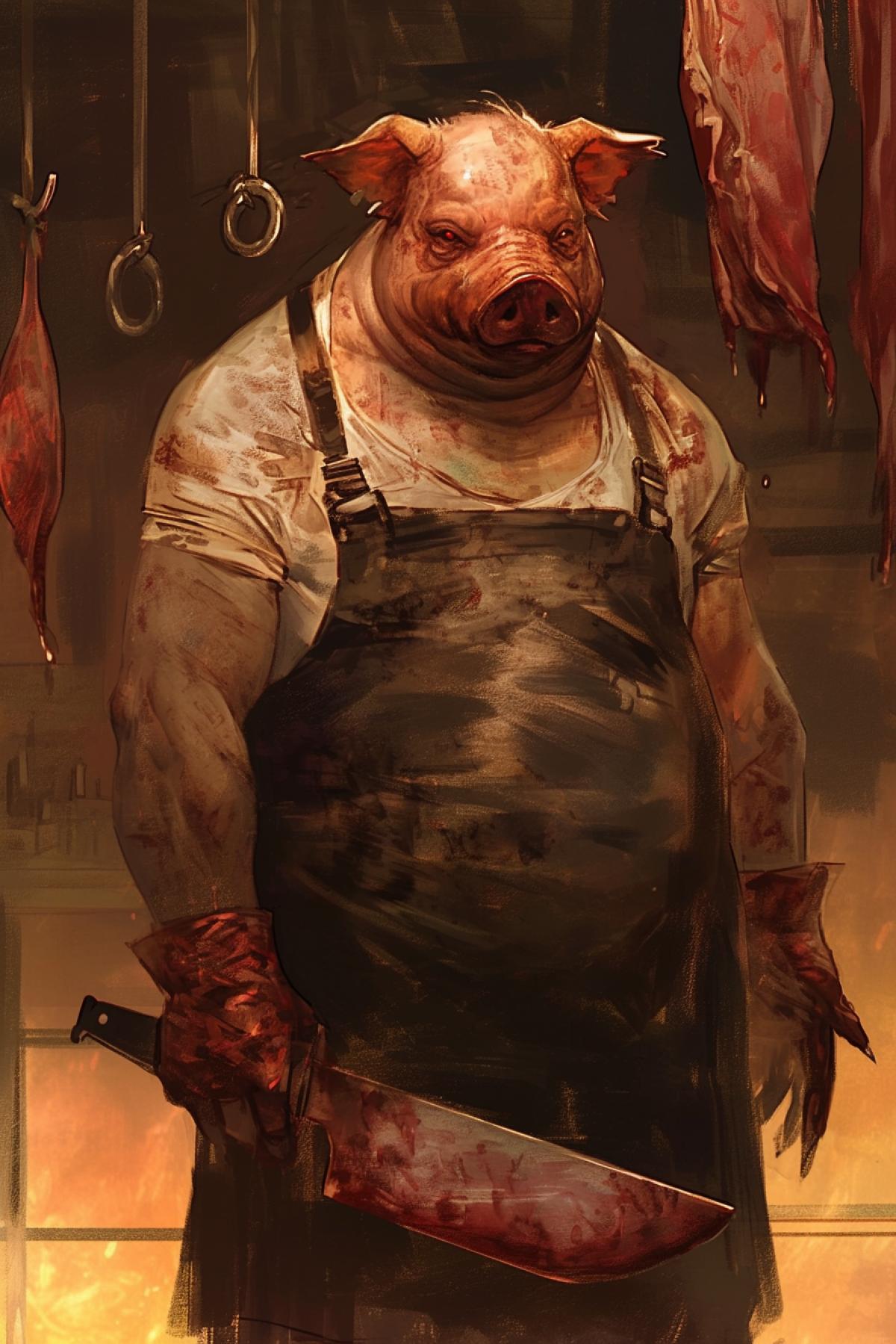 a hybrid of a human and a pig, an anthropomorphic pig in a butcher costume, a large knife in his hand, red eyes, a thick build, a dark room in a meat workshop, an image of horror and darkness, dark workshop, hanging mannequins, by Jakub Rozalski, close up