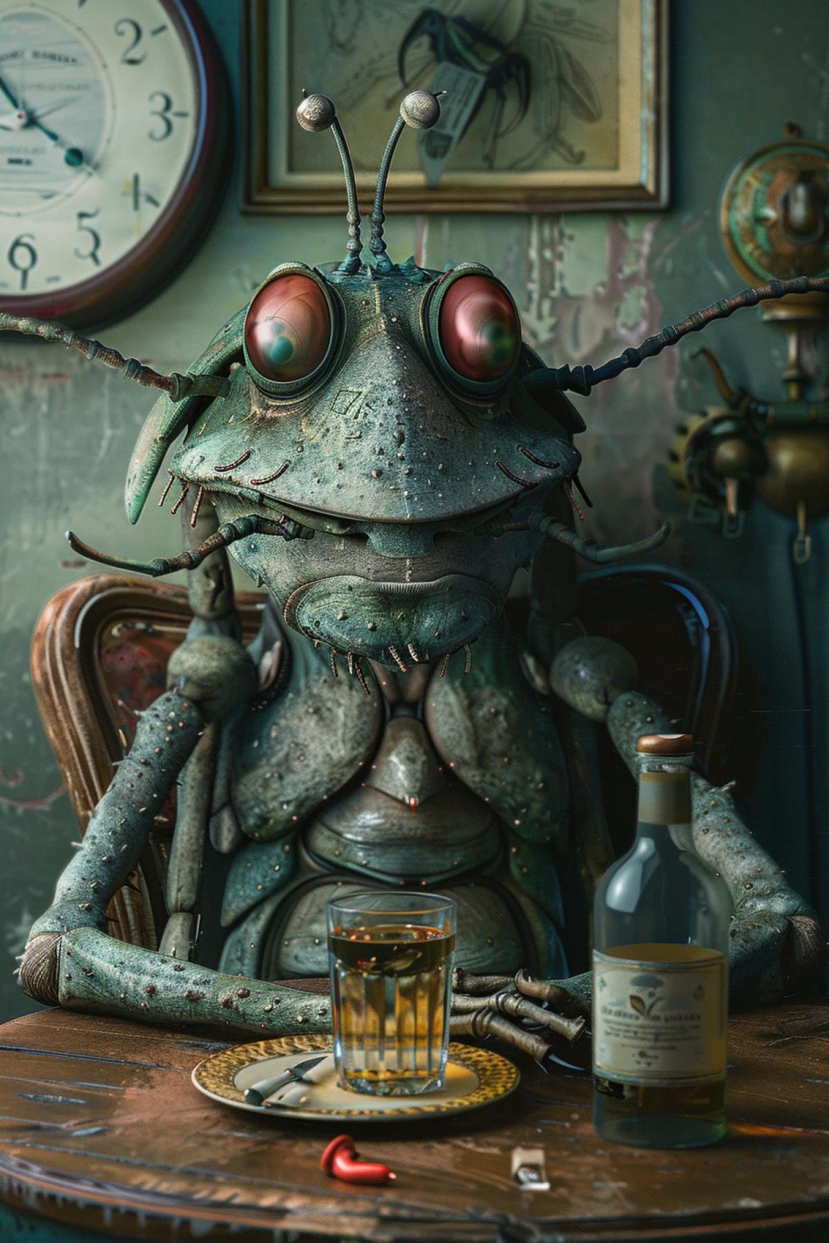 An anthropomorphic beetle sits at the table, there is vodka on the table