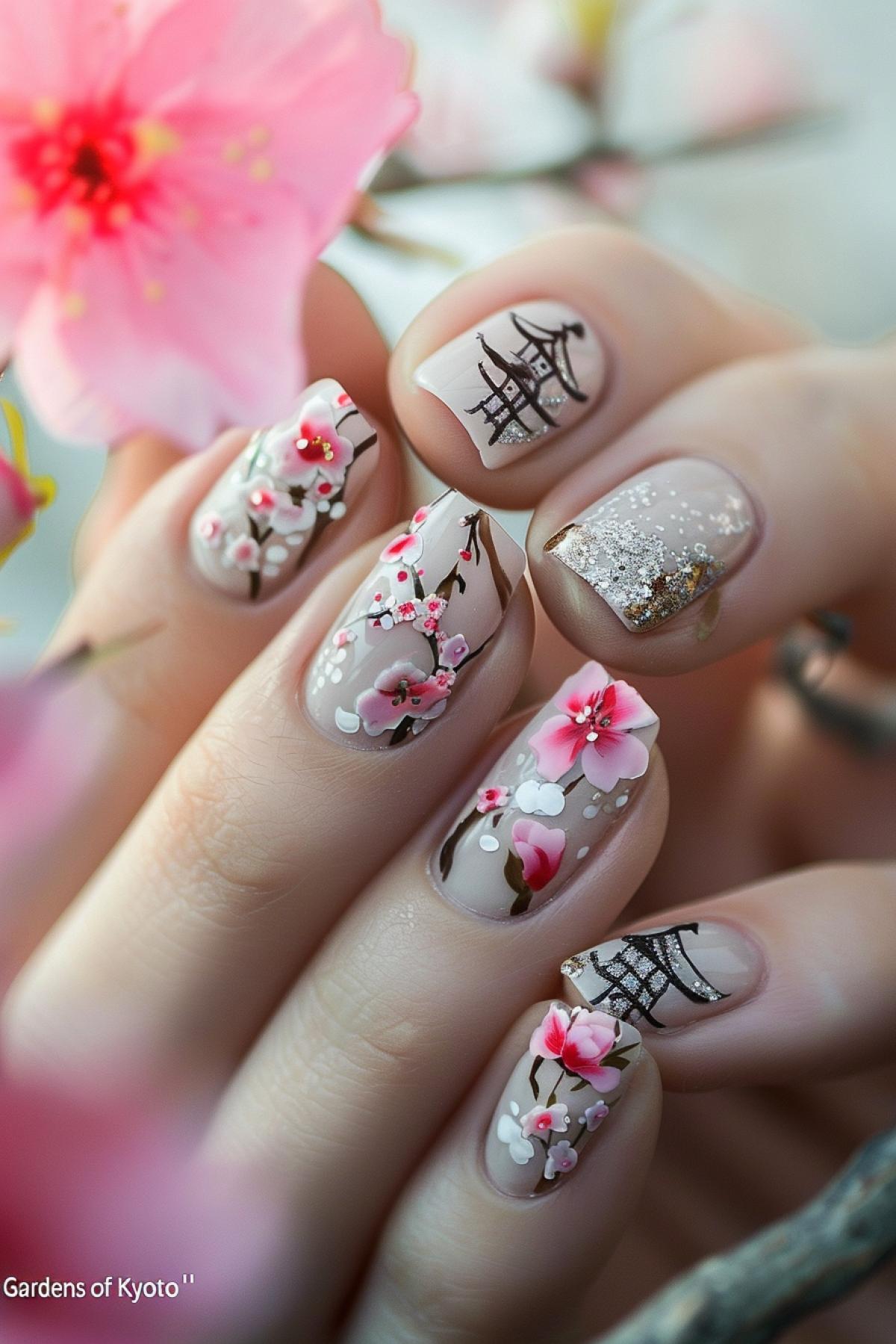 Manicure \"Gardens of Kyoto\": each nail is a piece of a traditional Japanese garden. The background is soft beige or pastel pink, with painted sakura branches, miniature pagodas and stone lanterns. Adding green for the foliage and shades of brown for the wood. Using 3D stickers in the form of flower petals, small pebbles and glitter to create a dewy effect. This design conveys an atmosphere of peace and harmony.
