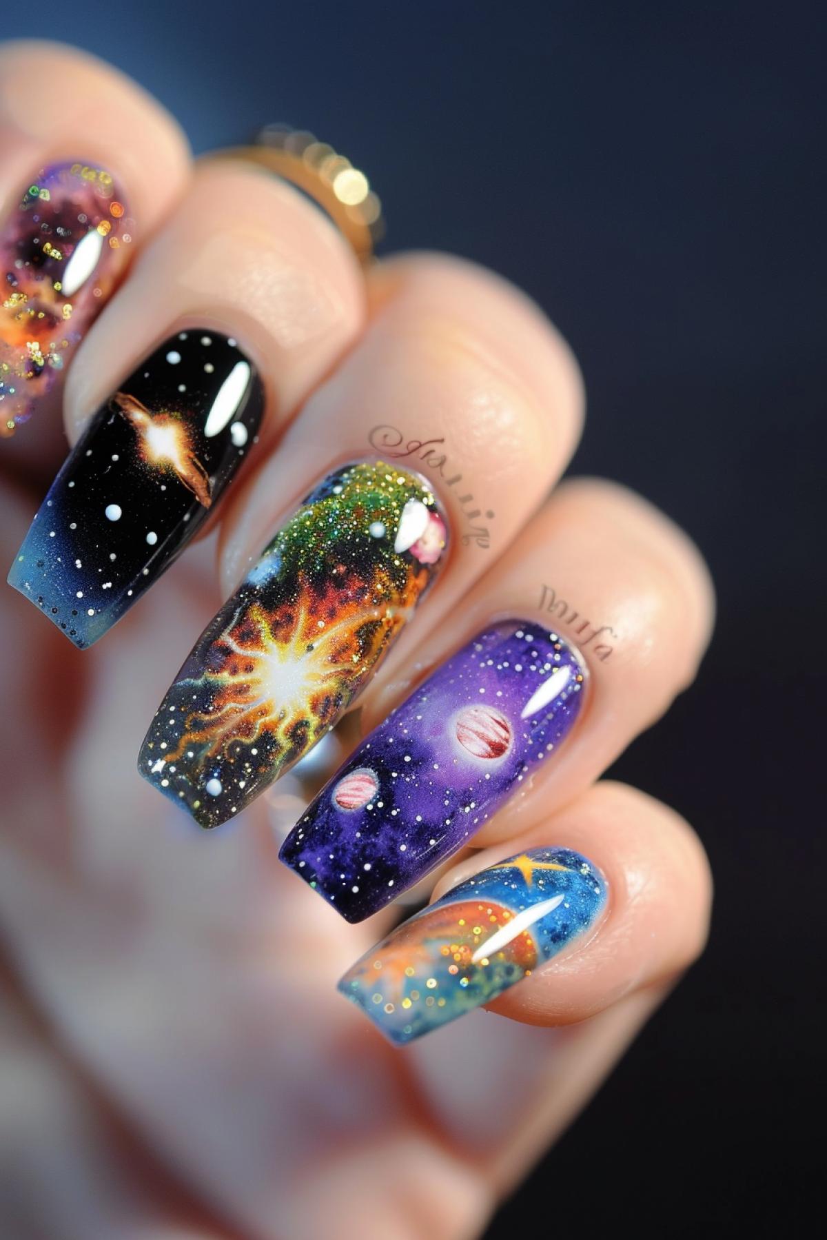 Universe style manicure: each nail represents a miniature space scene, from planets and stars to galaxies and nebulae. The main background is deep dark with smooth transitions to purple and blue, dotted with white dots of stars. One nail can be covered with gold varnish, depicting the sun, another with the earth and its continents, the rest with fantastic planets and their rings. Using glitter to create the effect of stardust and shimmer.