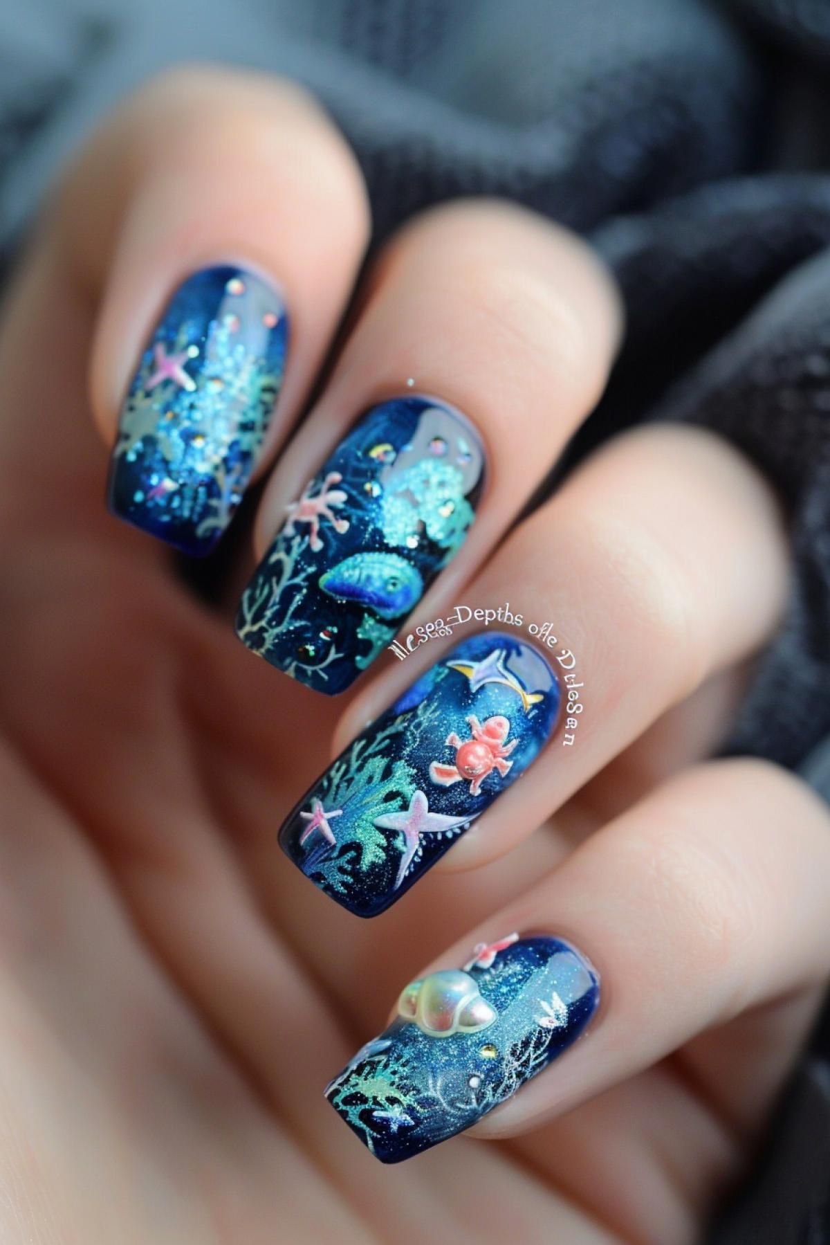 Manicure \"Depths of the Sea\": nails inspired by the underwater world. The main background is a deep blue or turquoise varnish with an ombre effect, moving from dark to light. On each nail there are painted sea creatures: fish, jellyfish, corals and starfish. Using pearlescent and glitter varnishes to create the effect of glare and shimmering water. Adding 3D elements such as small pearls and shells will add dimension and realism.