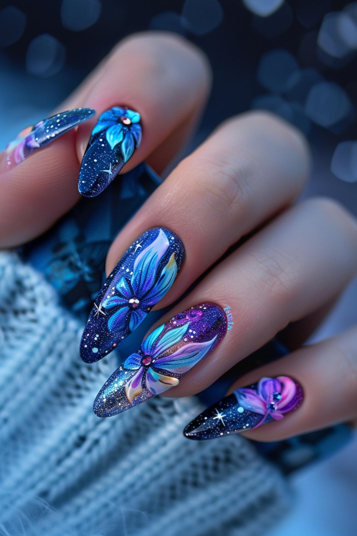 Manicure 3d image, cosmic flowers, long nails, shimmer