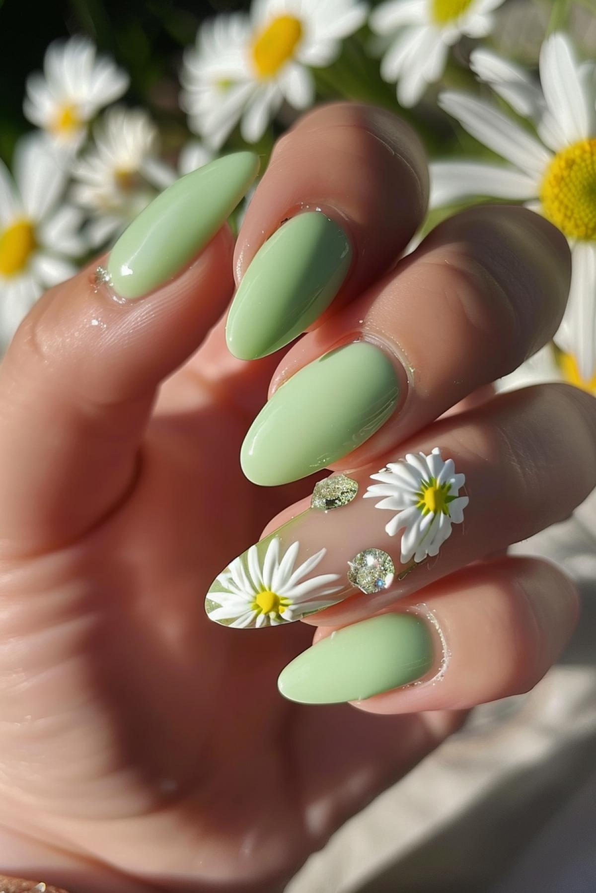 Summer everyday manicure, in delicate mint matte shades, with a minimalist pattern of white daisy varnish, with the application of transparent gel in the form of dew