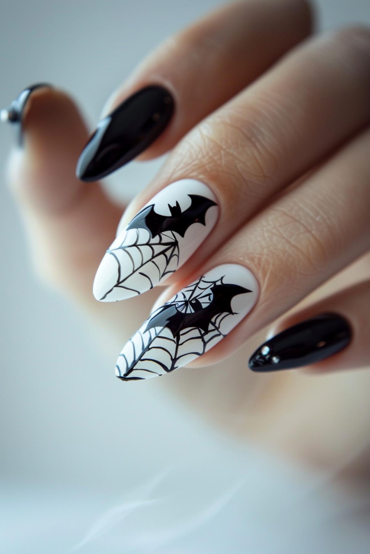 A dark web and a bat are drawn on a white manicure, flickering, realistic image, shine, minimalism, hologram