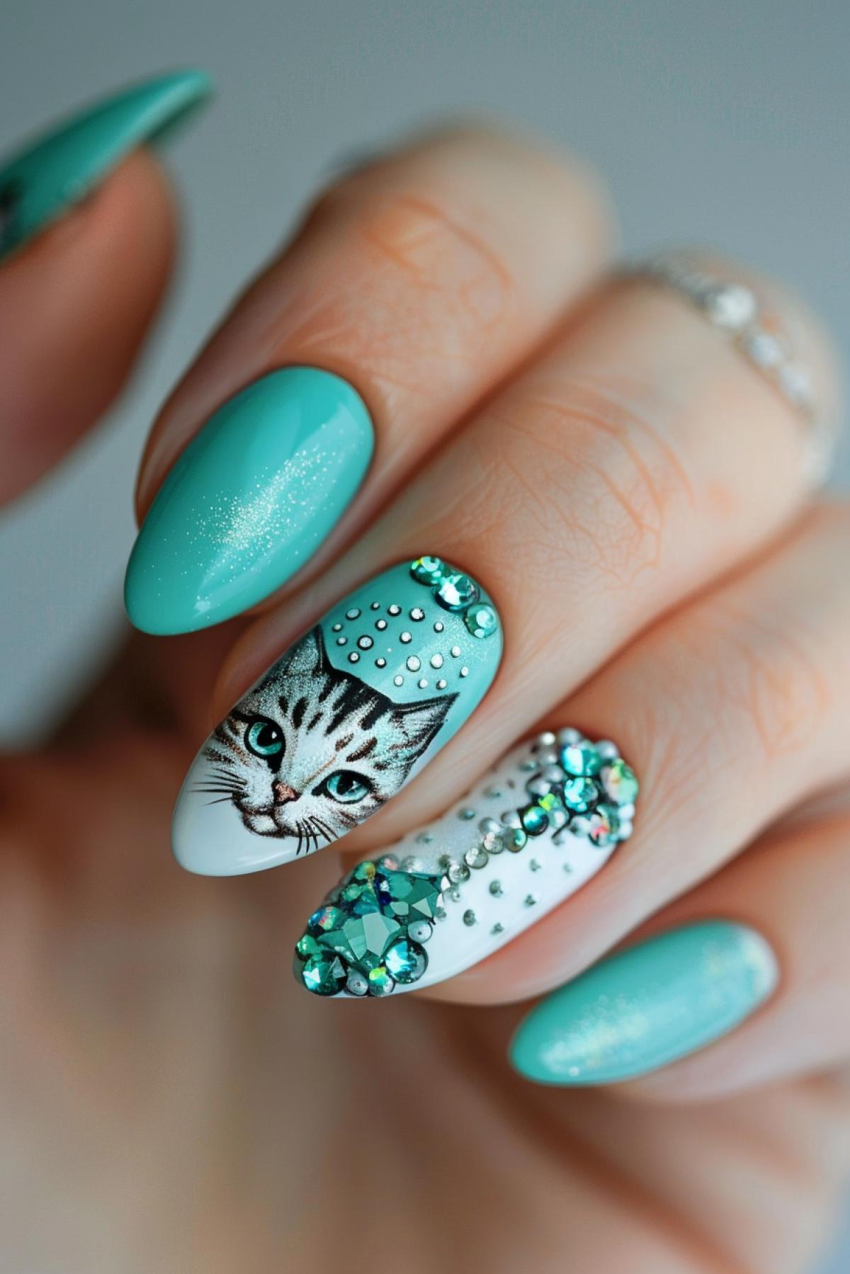 Delicate manicure, turquoise color, rhinestones, shimmer, draw cats on the manicure