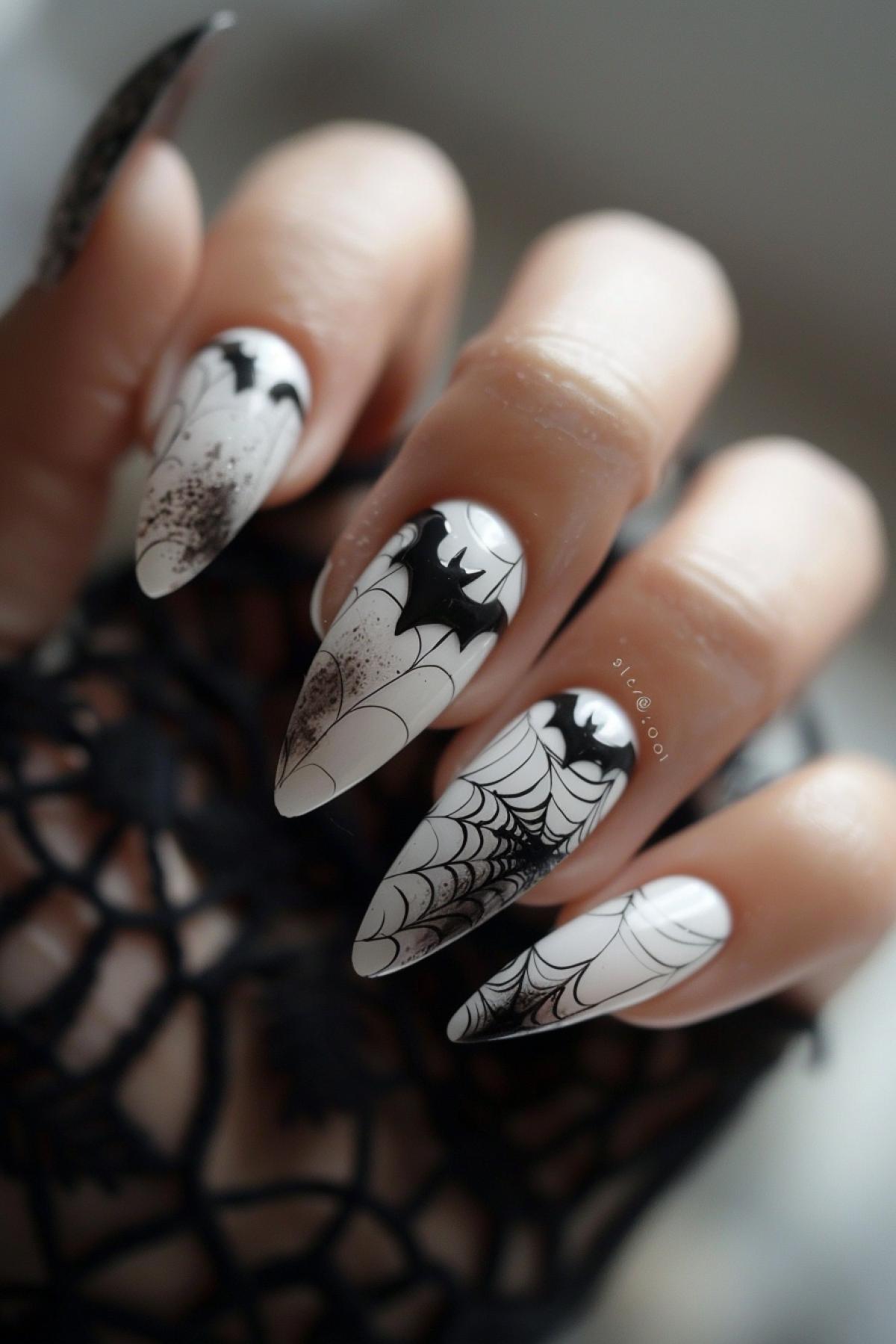 A dark web and a bat are drawn on a white manicure, flickering, realistic image, shine, minimalism, hologram
