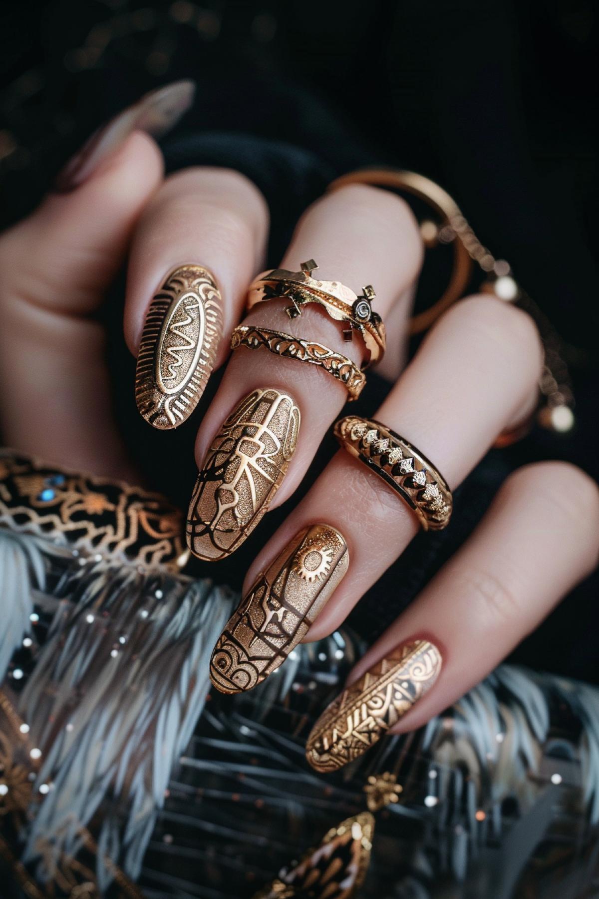Manicure, sand-colored nails, varnish surface, gold patterns in the form of ancient petroglyphs, ethnic gold rings on the fingers