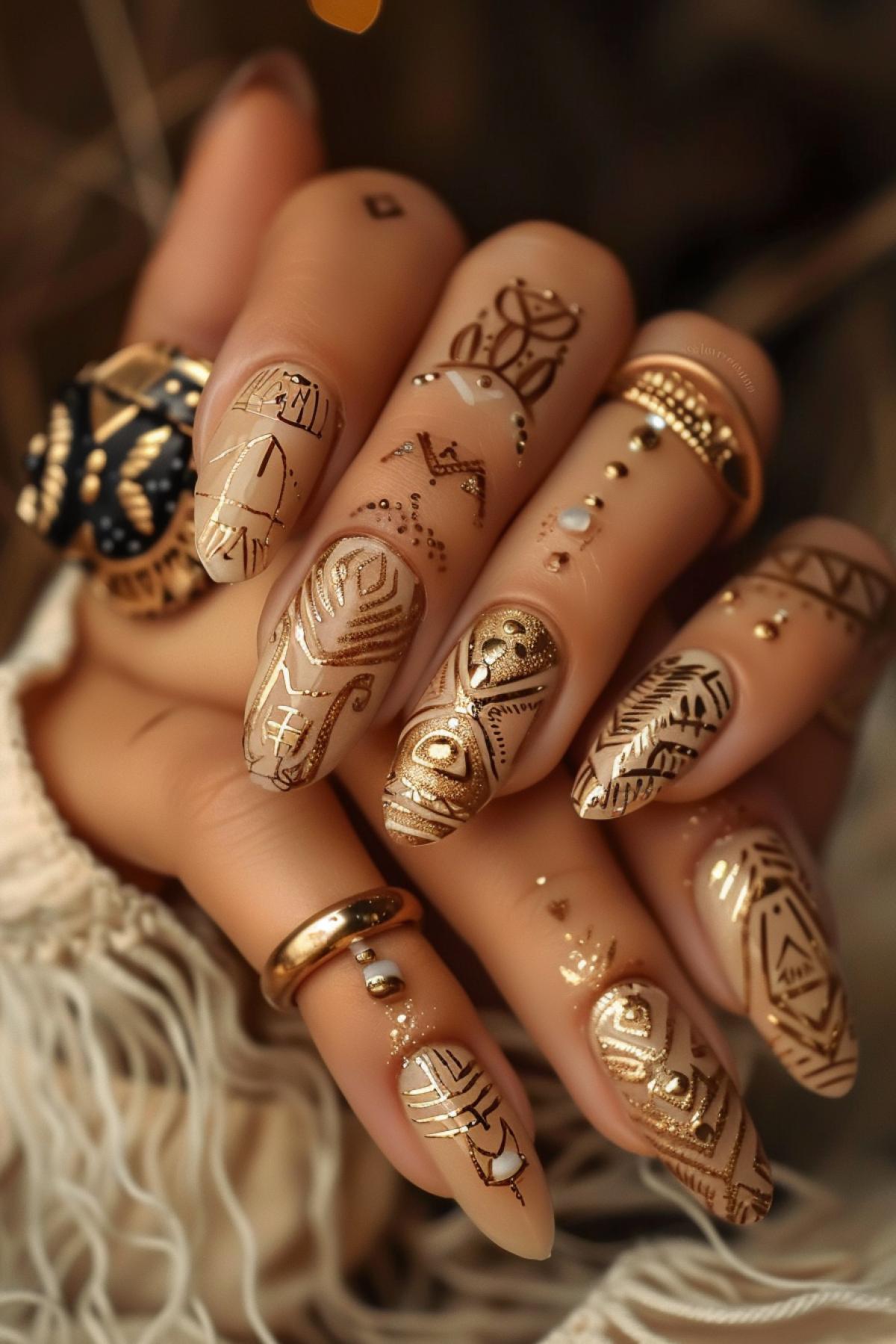 Manicure, sand-colored nails, varnish surface, gold patterns in the form of ancient petroglyphs, ethnic gold rings on the fingers