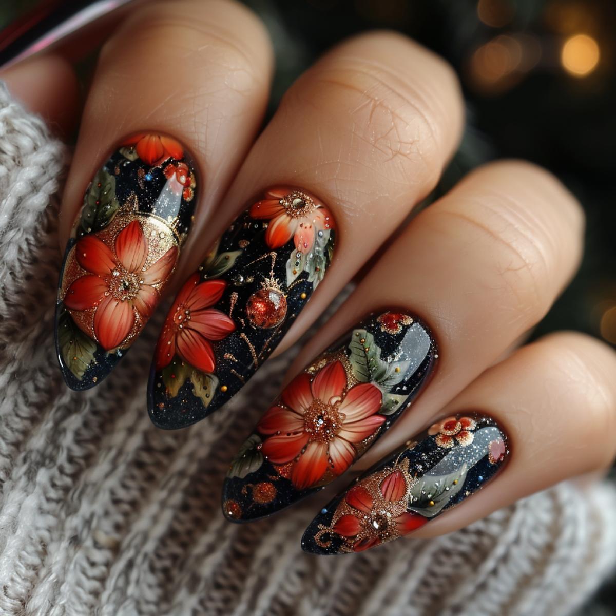 Unique manicure with Slavic theme. Slavic themes are neatly placed on the dark glossy finish