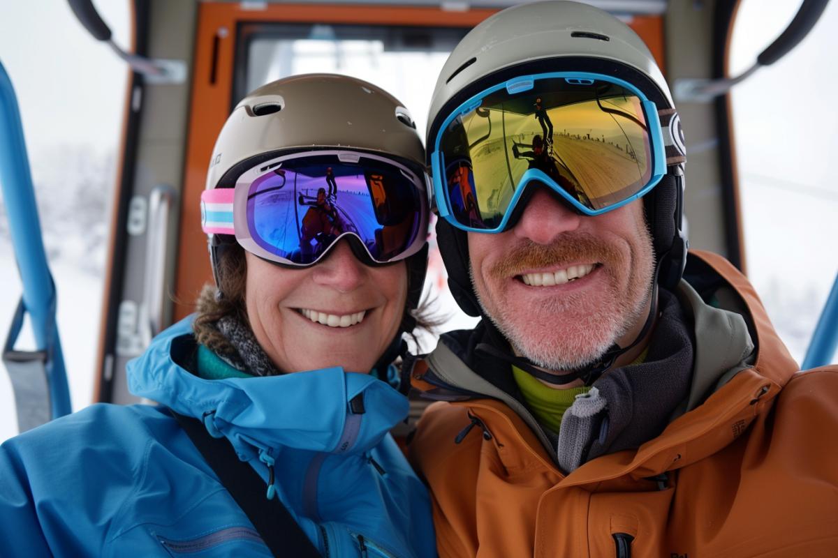 selfie photo of a man and woman in a ski lift wearing ski goggles, the man is 40 years old and has brown hair and a blue ski jacket, the man is 40 years old has blond hair and a light brown ski jacket