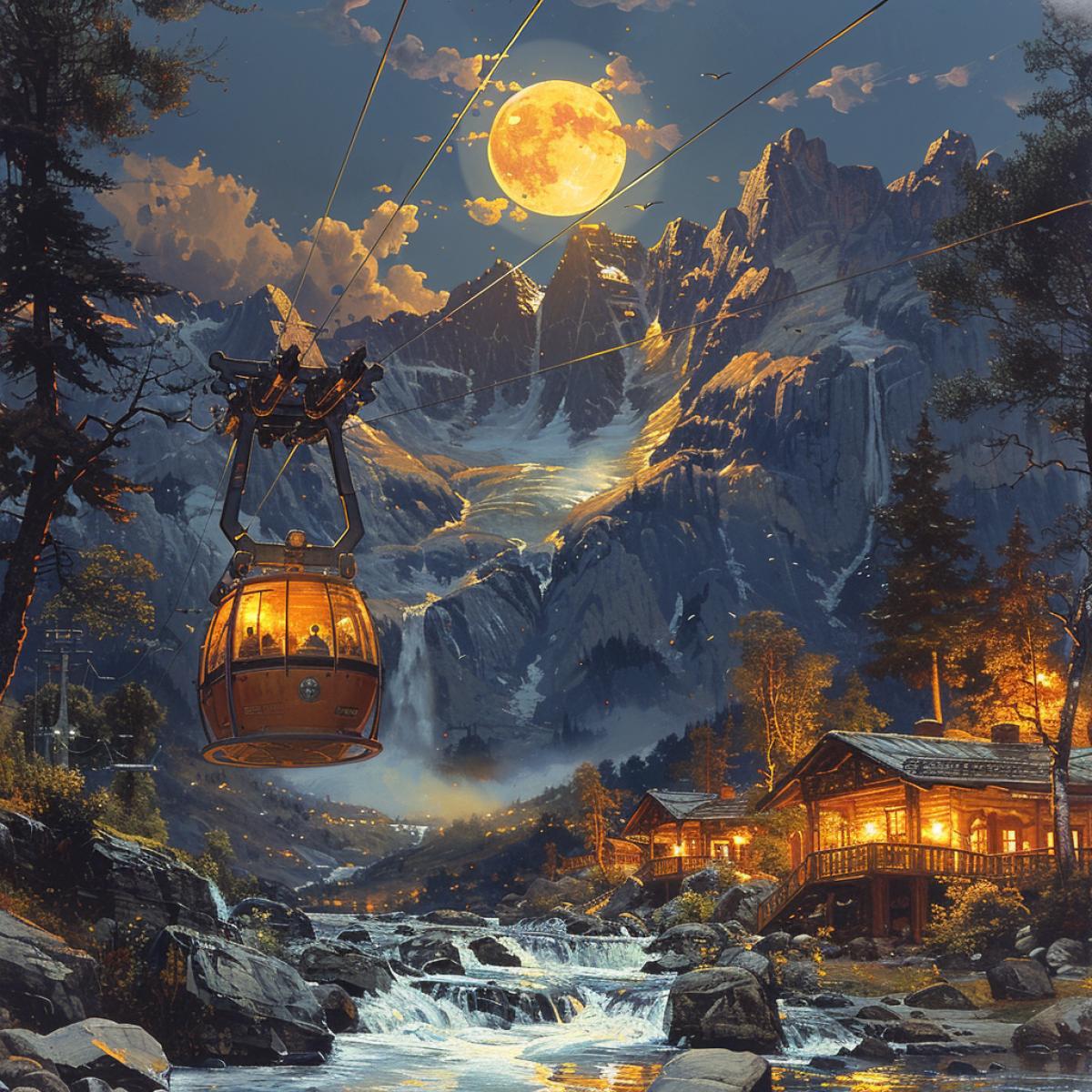Summer evening, there is a full moon in the sky and not a cloud, the resort of Kafkaza, against the backdrop of the Caucasus Mountains and the dark Sea, a cable car is laid through a small gorge, from it you can see the splendor of mountains, mountain rivers, waterfalls