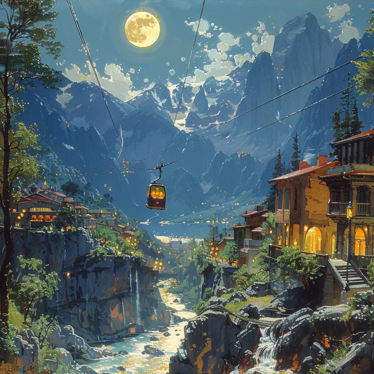 Summer evening, there is a full moon in the sky and not a cloud, the resort of Kafkaza, against the backdrop of the Caucasus Mountains and the dark Sea, a cable car is laid through a small gorge, from it you can see the splendor of mountains, mountain rivers, waterfalls