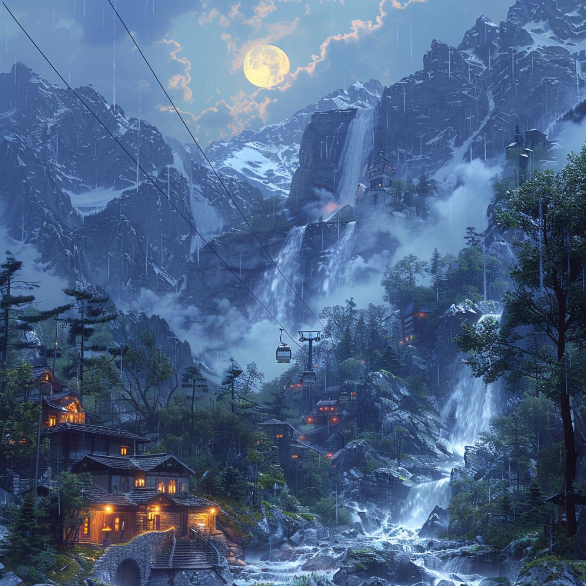 Summer evening, there is a full moon in the sky and not a cloud, Kafkaza resort, against the background of the Caucasus Mountains, a cable car is stretched through a small gorge, from it you can see the splendor of mountains, mountain rivers, a waterfall, a small mountain village, the photo image is realistic, natural lighting