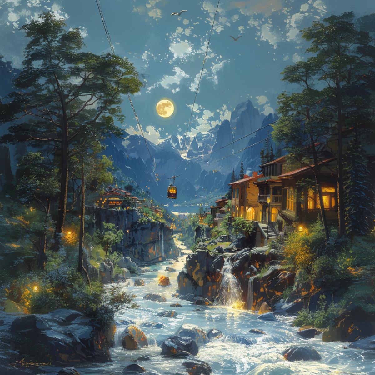 Summer evening, there is a full moon in the sky and not a cloud, the resort of Kafkaza, against the backdrop of the Caucasus Mountains and the dark Sea, a cable car is laid through a small gorge, from it you can see the splendor of mountains, mountain rivers, waterfalls