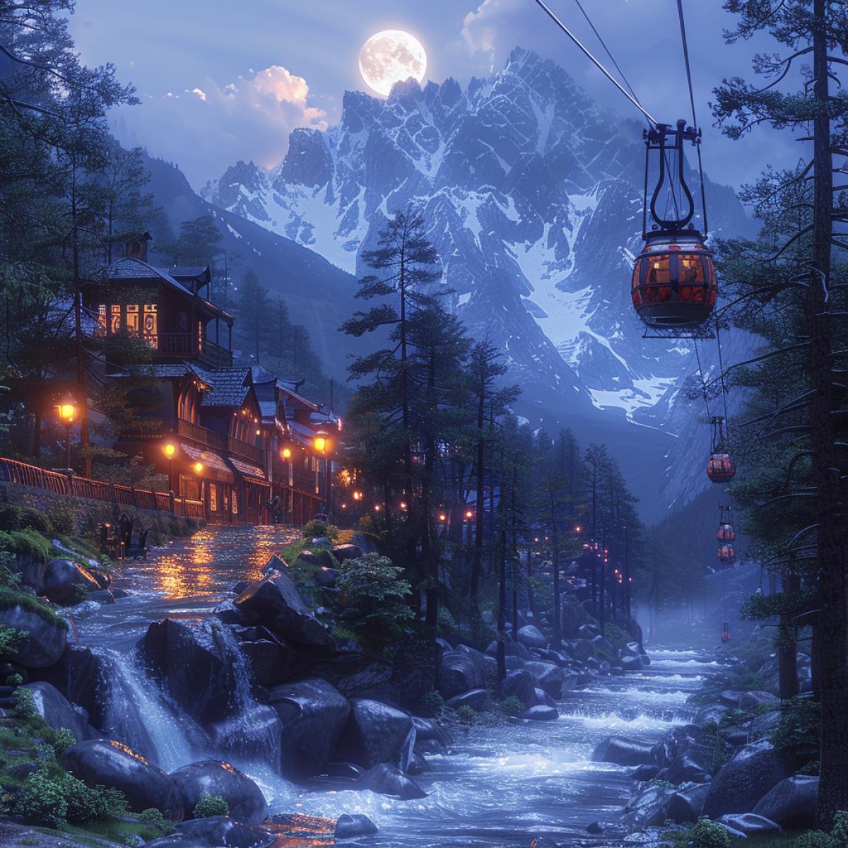 Summer evening, there is a full moon in the sky and not a cloud, Kafkaza resort, against the background of the Caucasus Mountains, a cable car is stretched through a small gorge, from it you can see the splendor of mountains, mountain rivers, a waterfall, a small mountain village, the photo image is realistic, natural lighting