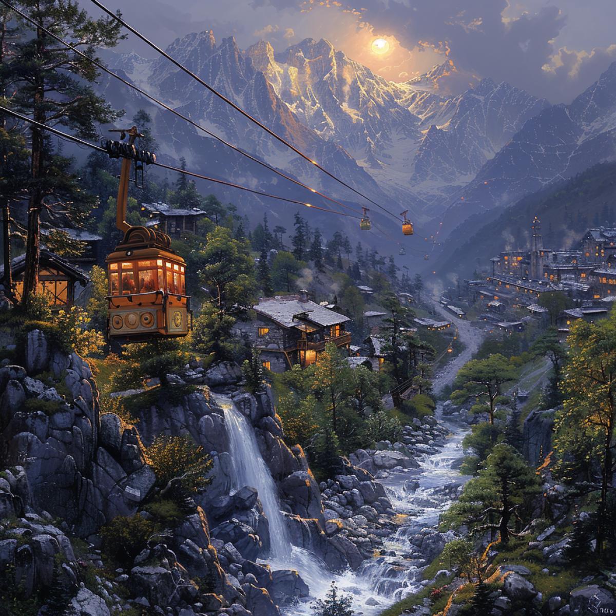 Summer evening, there is a full moon in the sky and not a cloud, Kafkaza resort, against the background of the Caucasus Mountains, a cable car is stretched through a small gorge, from it you can see the splendor of mountains, mountain rivers, a waterfall, a small mountain village, the photo image is realistic, natural lighting
