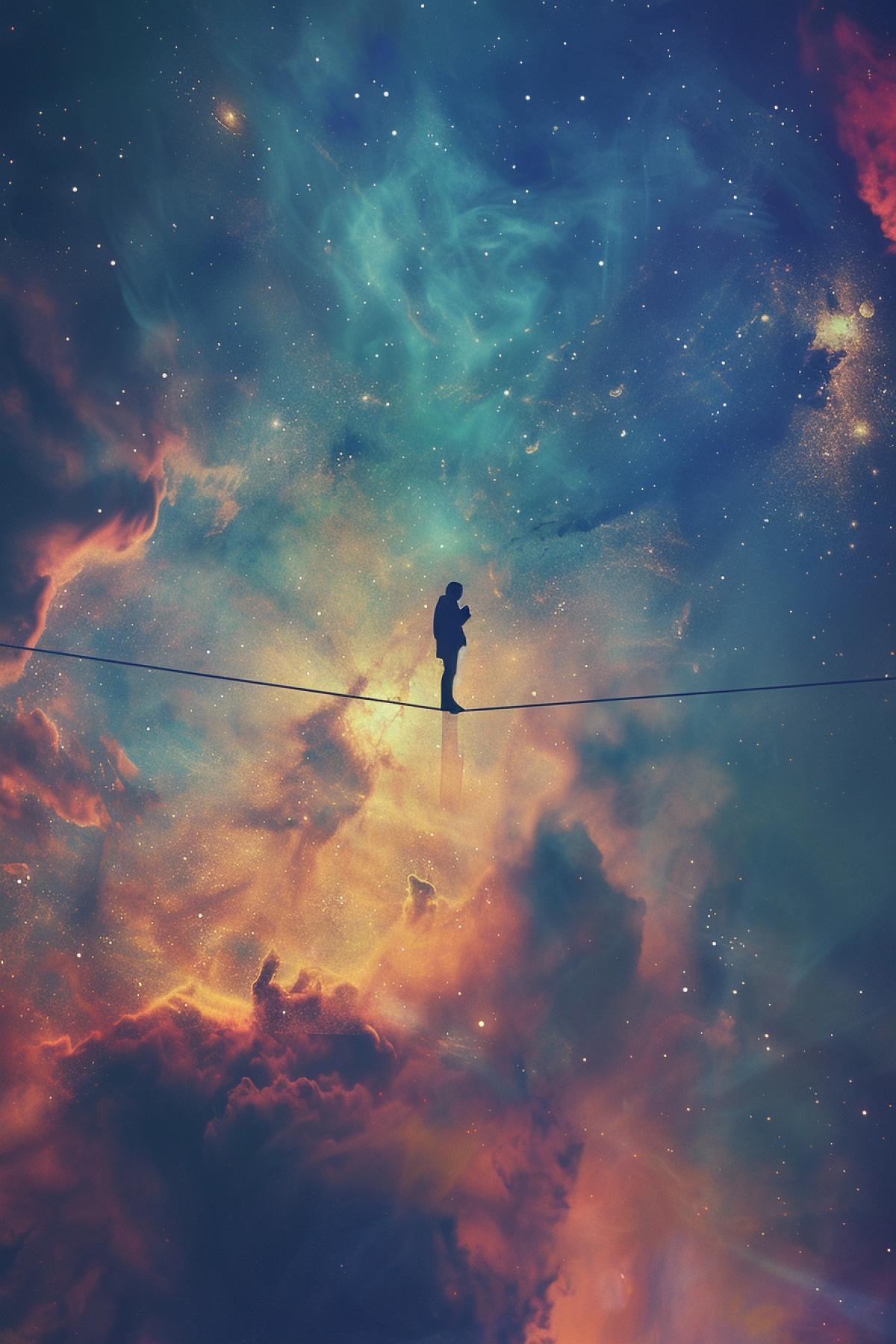 Ropeway, rope walker, parallel world, flickering, galaxy, halogram, minimalism