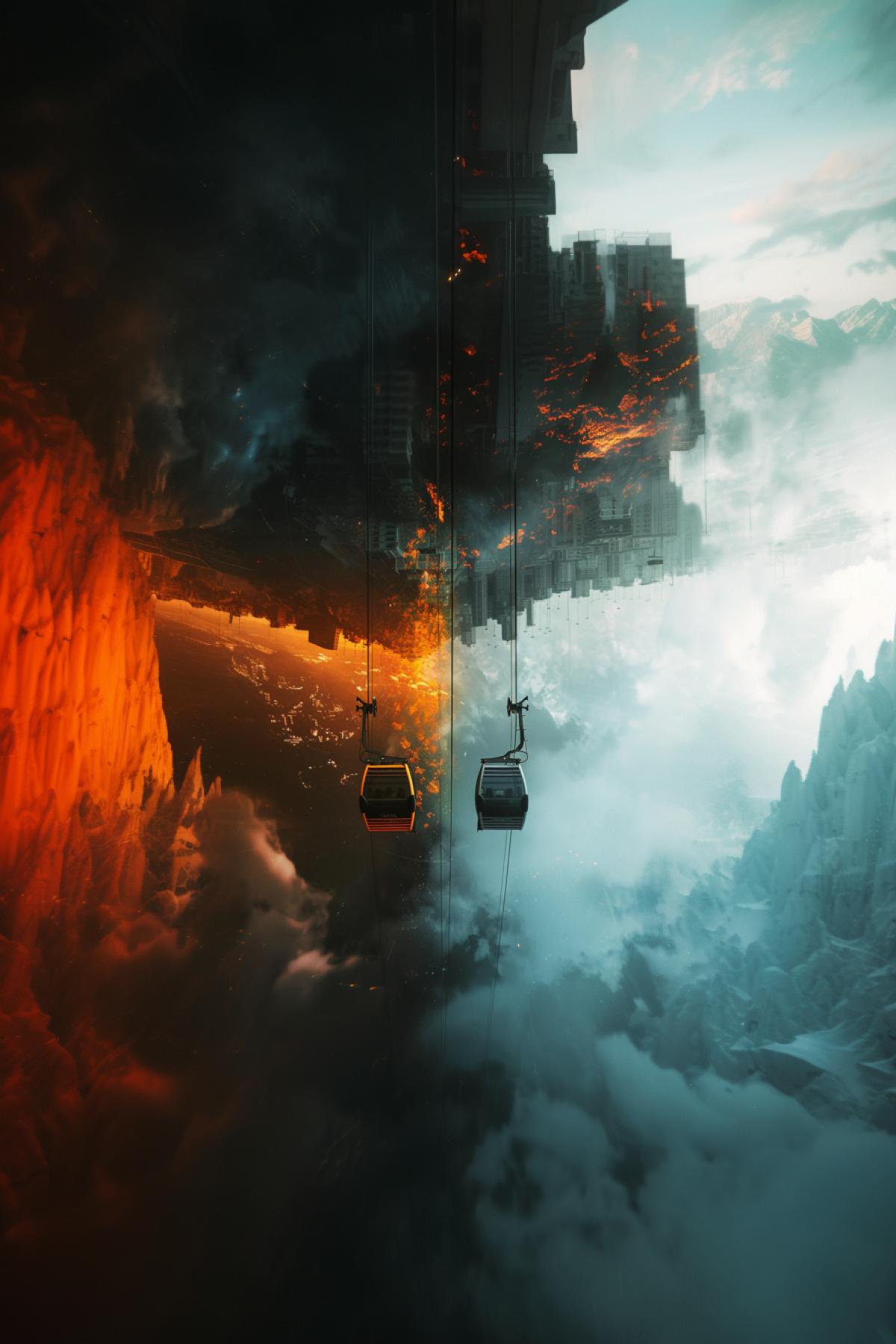 Cable car to hell, cable car to heaven, image split into two parts, flickering,