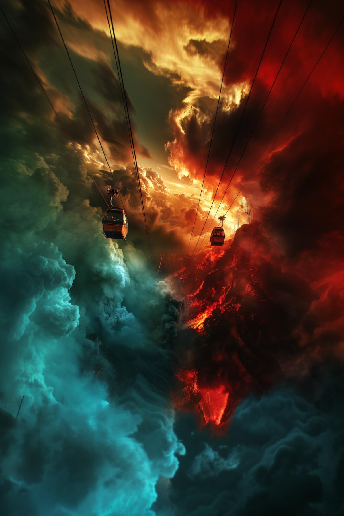 Cable car to hell, cable car to heaven, image split into two parts, flickering,