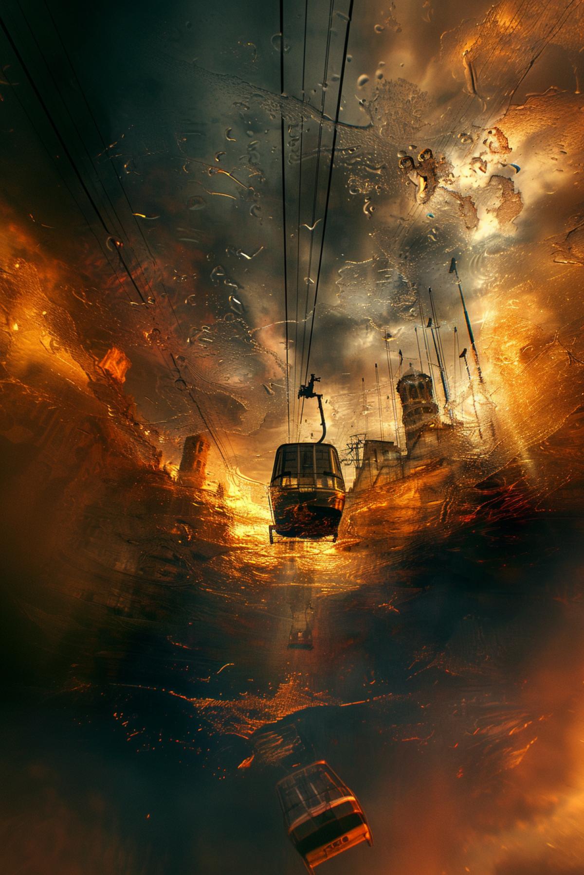 Cable car to hell, cable car to heaven, image split into two parts, flickering, parallel world