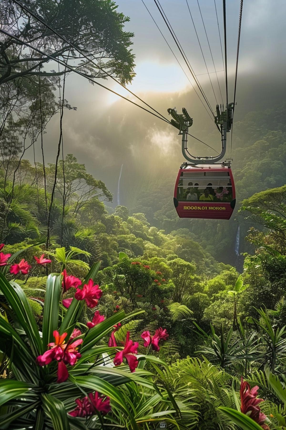 Cable car over the rainforest: a cabin suspended high above a dense green forest with exotic trees and flowers. Below you can see winding rivers and waterfalls sparkling in the sun. The cabin is brightly colored with panoramic windows allowing you to enjoy the views. Inside are travelers with admiring faces. The atmosphere is filled with warmth and light, a light fog creates a mystical aura, and light rays break through the foliage.