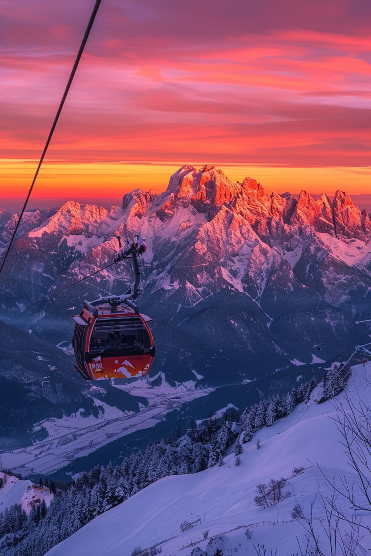 Cable car in the mountains at sunset: the cabin slowly rises above the snow-capped mountain peaks, the orange-pink sky is reflected on the snow-white slopes. In the distance you can see a mountain range with sharp peaks, illuminated by the sunset rays. Below is a forest covered with snow. A booth with transparent walls from which tourists take photographs of the magnificent landscape. The warm light of the sunset gives the image romance and magic.