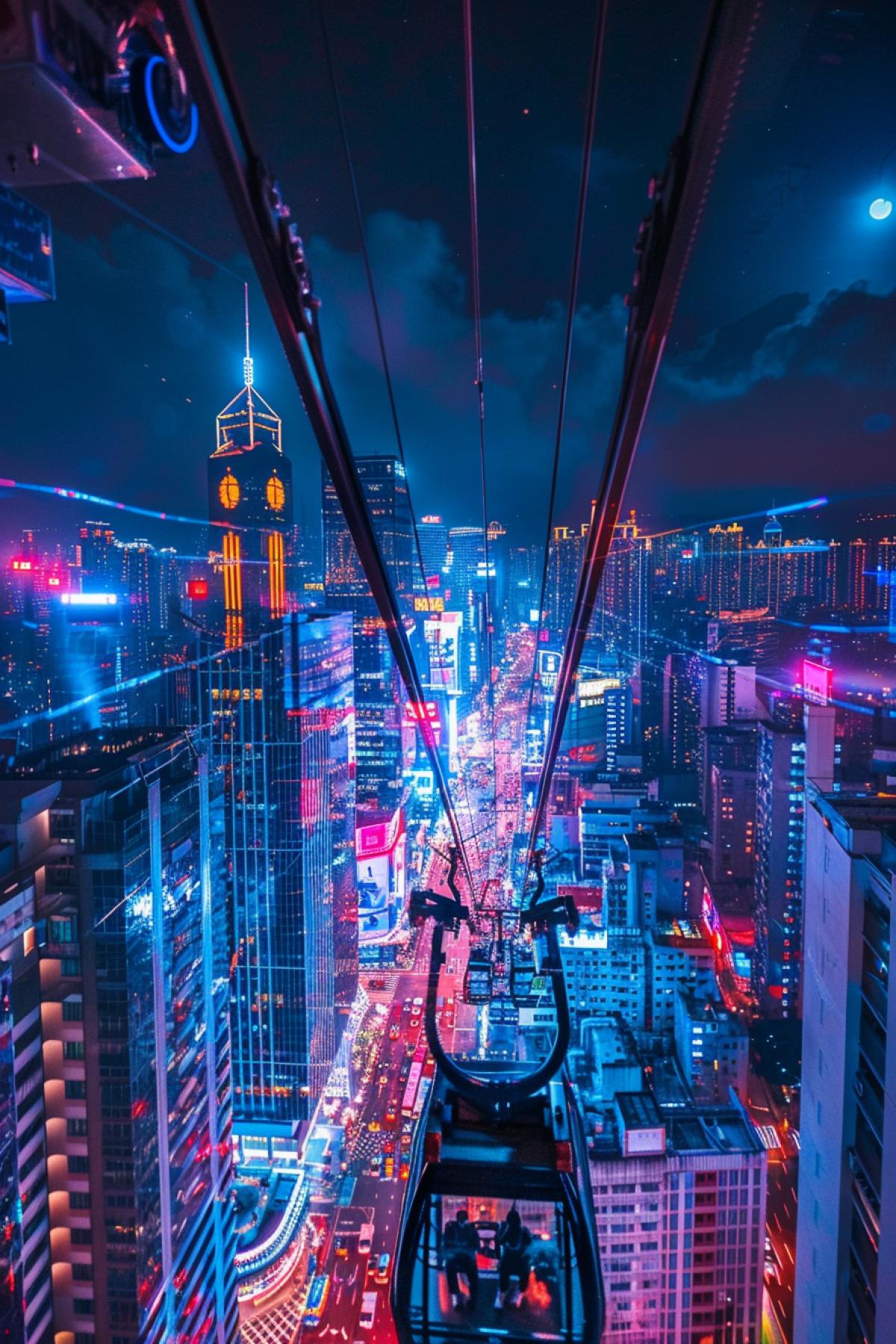 Cable car over the city at night: the cabin glides high above the sparkling lights of the metropolis, the citys skyscrapers and streets filled with cars create a bright mosaic. Famous architectural landmarks illuminated with neon lights are visible in the distance. Inside the booth is a couple enjoying a romantic evening view. The starry sky and full moon add magic, creating the effect of a fabulous flight over the city.