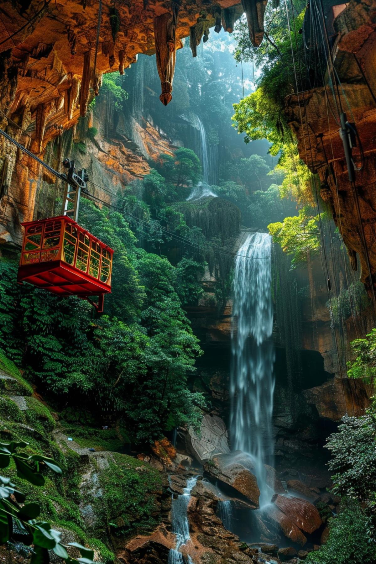 Cable car through caves and waterfalls: The cabin passes through a giant cave, illuminated by many colorful stalactites and stalagmites, then emerges above a huge waterfall, sparkling in the sun. Below you can see dense forests and a river sparkling with the spray of a waterfall. The cabin is transparent, with the effect of complete immersion; travelers admire the spectacle with bated breath. The atmosphere is full of adventure and the magic of nature.