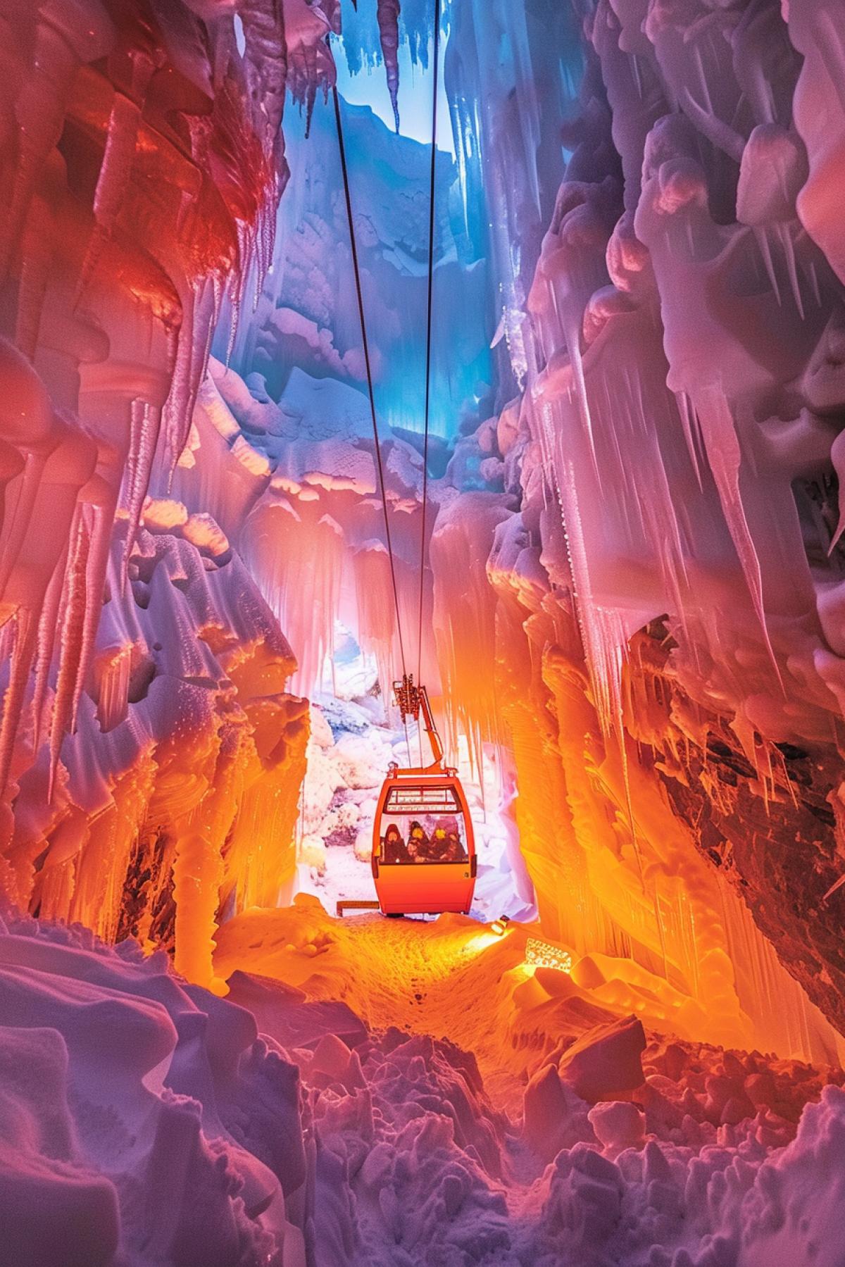 Cable car through ice blocks: The cabin makes its way through massive ice formations, sparkling in the rays of the northern lights. Below is an endless icy desert with reflections of multi-colored lights. The cabin is orange and stands out against the cold landscape. Inside are researchers in warm clothes, looking in amazement at the unique natural phenomena. The atmosphere is full of majestic beauty and extreme conditions.