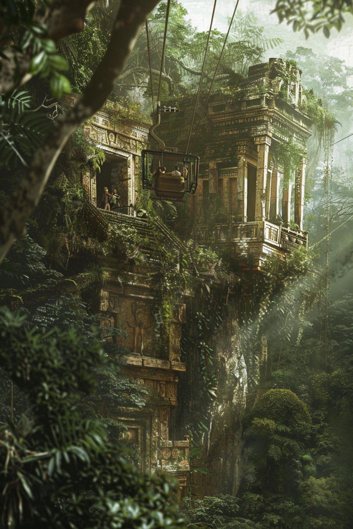 Cable car over ancient ruins: the cabin soars high above a lost city hidden in a dense jungle. Below you can see ruined temples and pyramids, overgrown with moss and vines. A cabin with open walls, giving the feeling of flight. Inside, archaeologists busy studying ancient artifacts look down with delight. The atmosphere is full of secrets of the past and the spirit of adventure.