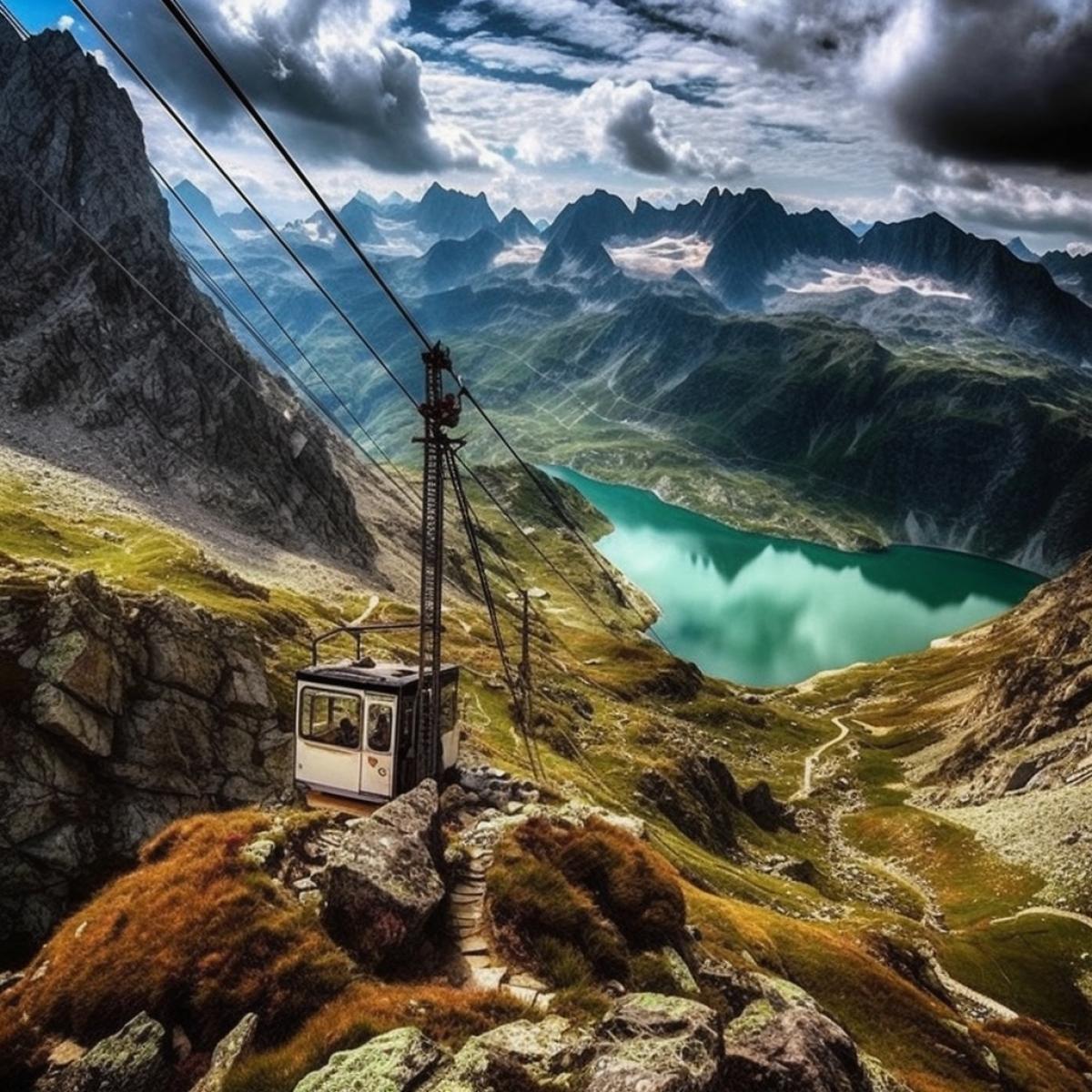 The majestic Alps, despite the fact that it is summer below, the mountains are covered in snow as if in fur coats. There is a cable car stretched above this sparkling beauty of a thousand diamond sparks; anyone who wants to look at the majestic beauty of the mountains can ride in a cabin along the stretched rope of the road. From a birds eye view, an amazing life opens up, skiers conquer steep mountain slopes, the forest in the distance is like a mysterious island, and eagles fly over the cable car, the sun illuminates the mountains making the snow sparkle with a scattering of diamonds. The lighting is natural, the atmosphere is light, the detail is high definition, realism