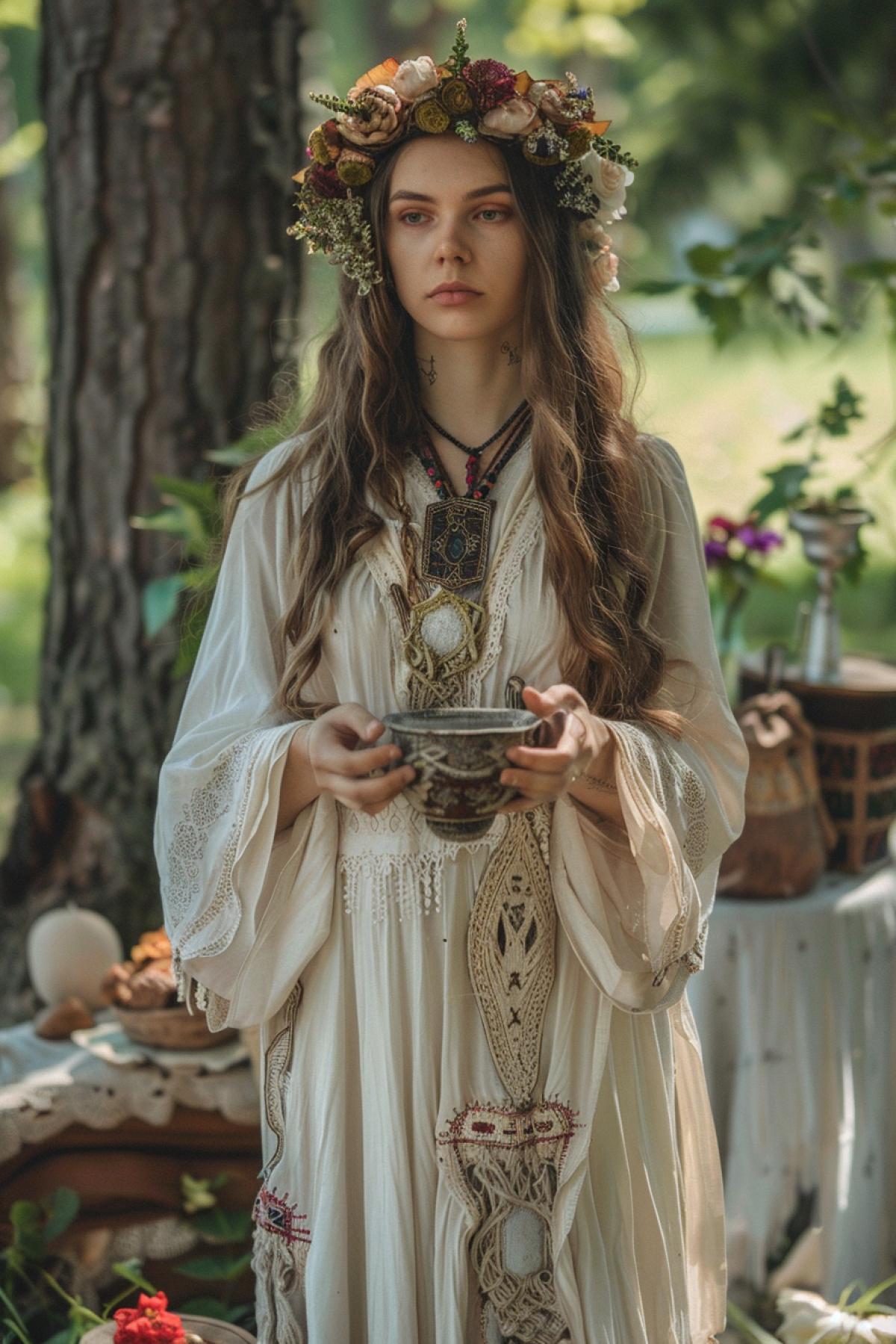 A Slavic priestess, standing in the center of a beautiful grove, surrounded by ancient oak trees, holds a ritual cup of water in her hands. She wears a long white dress decorated with embroidery and a wreath of flowers and herbs on her head. The face is calm, the eyes are closed, in a 4k of reverence. Around the priestess are altars with images of gods, beautiful stones and ritual objects. In the background, the soft light of the sun penetrates the foliage of the trees, creating a magical atmosphere.