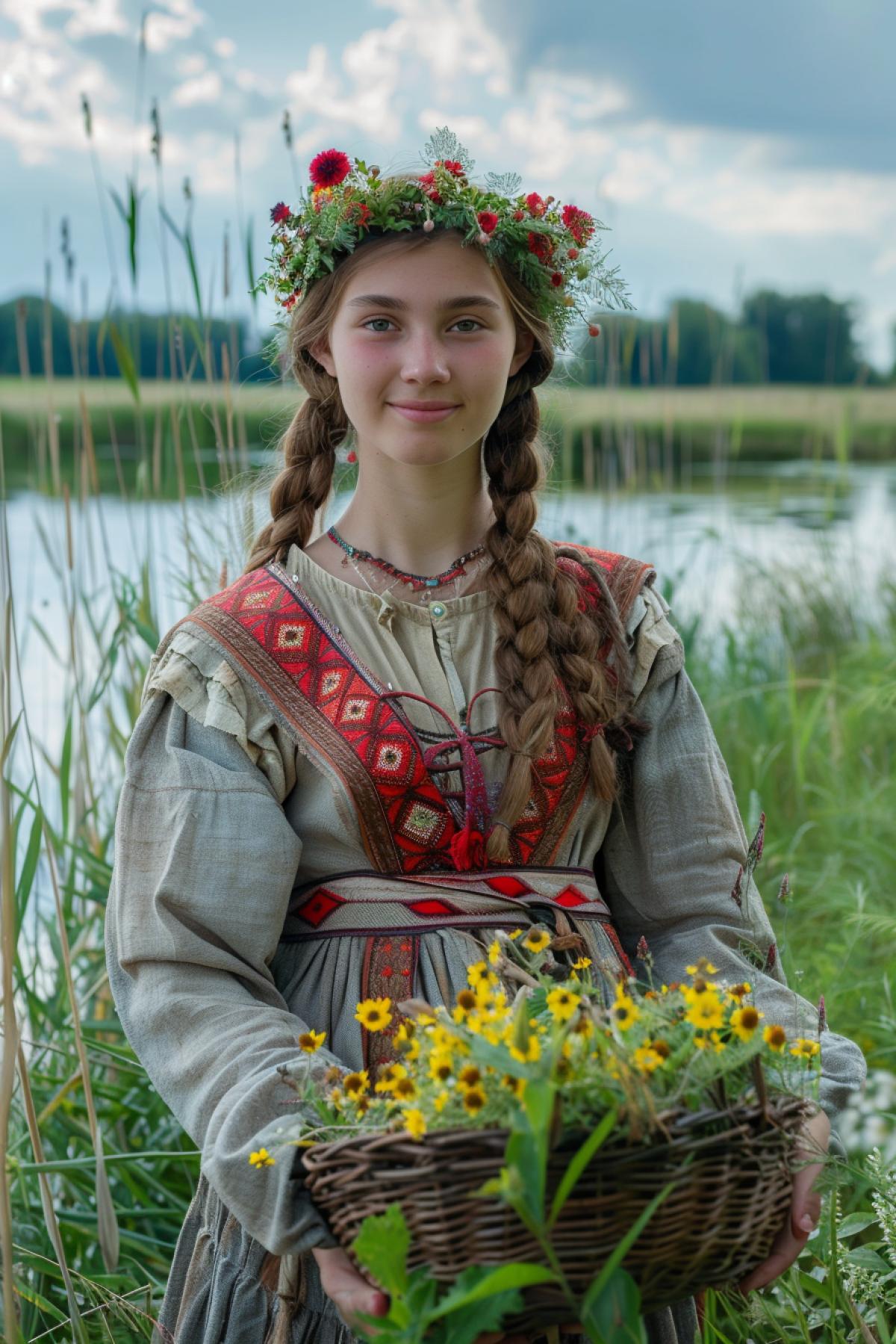 Slavic girl in traditional clothes standing on the bank of a river, surrounded by tall reeds and flowering meadows. She wears a long shirt with red embroidery and a belt made of scraps of fabric, her hair is loose and decorated with a wreath of wild flowers. He holds a basket of berries in his hands. The face is young and smiling, the eyes glow with joy. The river water glistens in the sun, reflecting the blue sky and clouds. In the distance you can see trees and old wooden walkways.