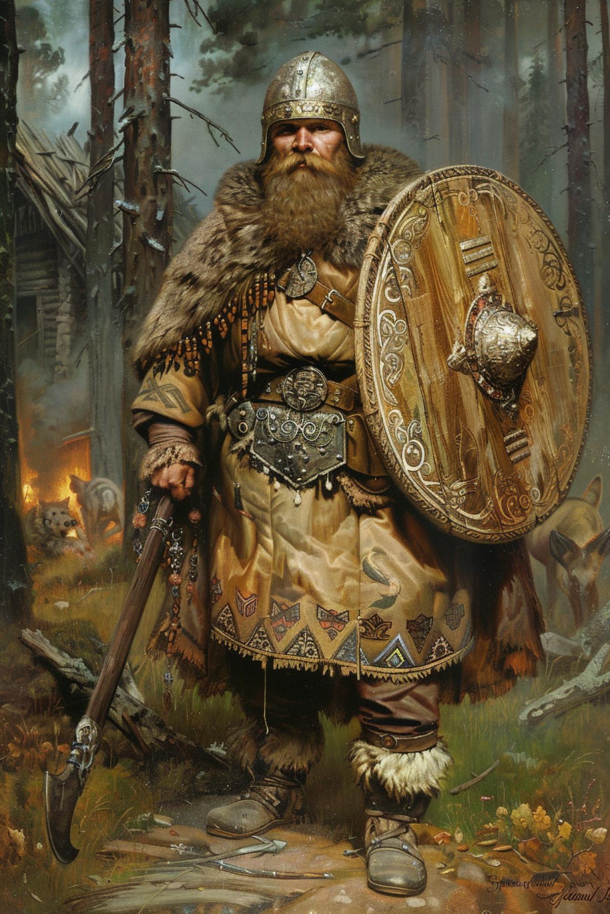 An ancient Slavic warrior from the times of paganism in Rus, 9th century, standing at the edge of the forest. Dressed in a linen caftan with intricate embroidery, woolen trousers, a fur cape and leather boots. On his head is a round helmet with an ornament, in his hands he ly grips a large wooden shield with a solar symbol and a long spear. The face is stern, with a thick beard and piercing eyes. Long hair flutters in the wind. In the background you can see the wooden houses of a Slavic settlement, smoke from fires and wild animals among the trees.