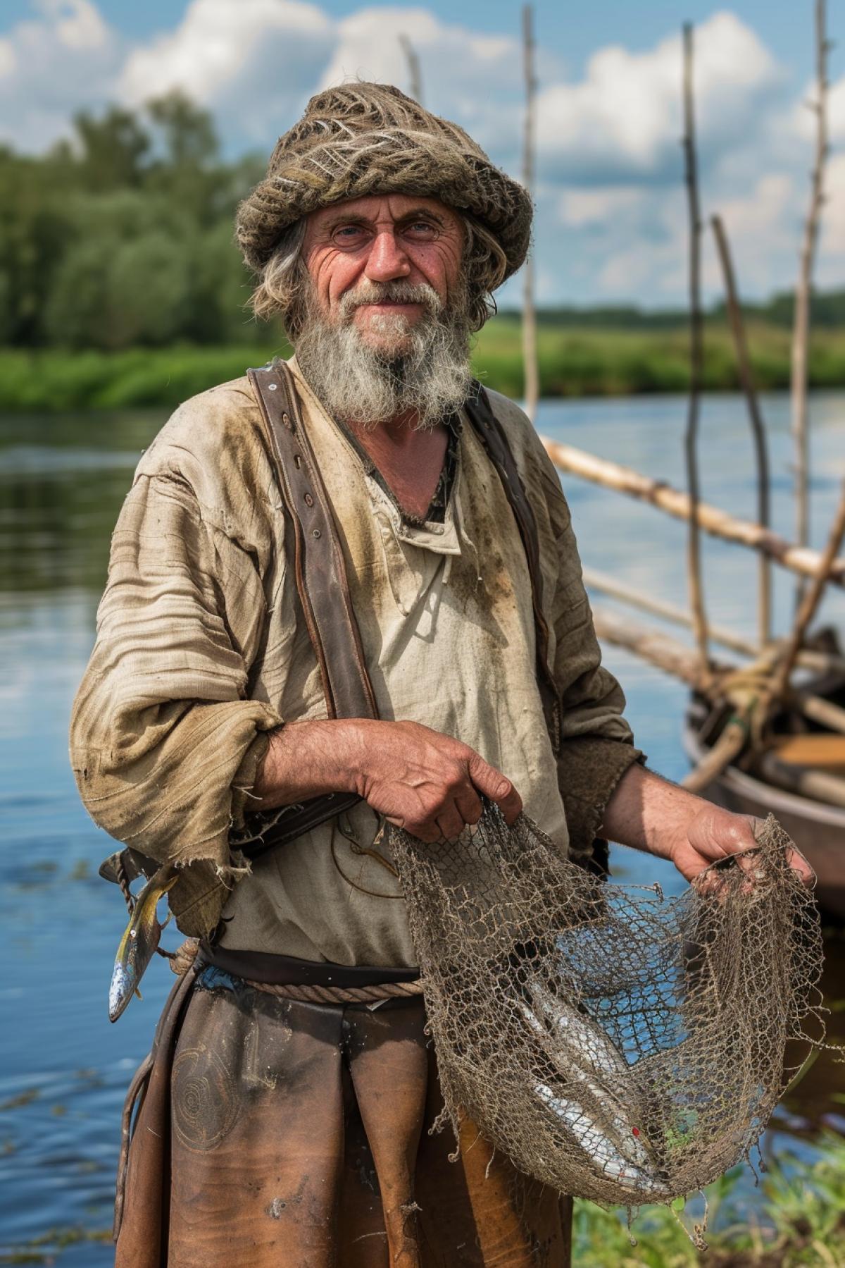 An ancient Slavic fisherman from the times of paganism in Rus, 9th century, standing on the river bank. Dressed in a linen shirt, woolen trousers and leather boots, with a woolen hat on his head. In his hands he holds a net with caught fish. The face is tanned, with wrinkles from the sun and wind, the eyes are happy. All around you can see a boat, wooden poles for drying nets and fish, a calm river with reflections of the sky and trees. An atmosphere of calm and satisfaction from a successful catch.