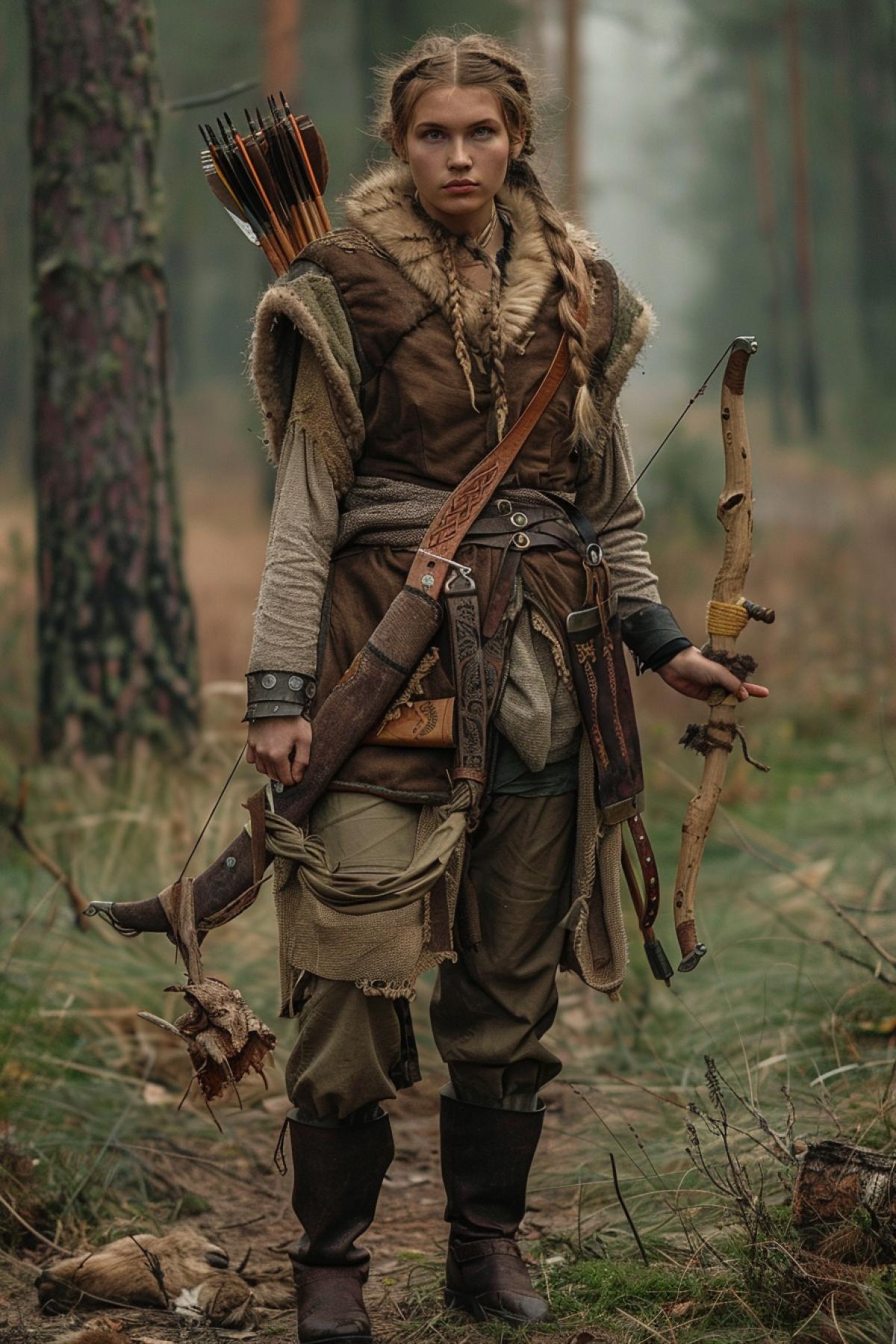An ancient Slavic huntress from the times of paganism in Rus, 9th century, standing on the edge of the forest. Dressed in a fur vest, linen trousers and leather boots, a bow and quiver of arrows slung over his shoulder. He holds prey in his hands. The face is decisive, with sharp features, long hair braided. All around you can see animal tracks on the ground, a dense forest in the background and the first rays of the morning sun, creating a feeling of freshness and readiness for a new day.