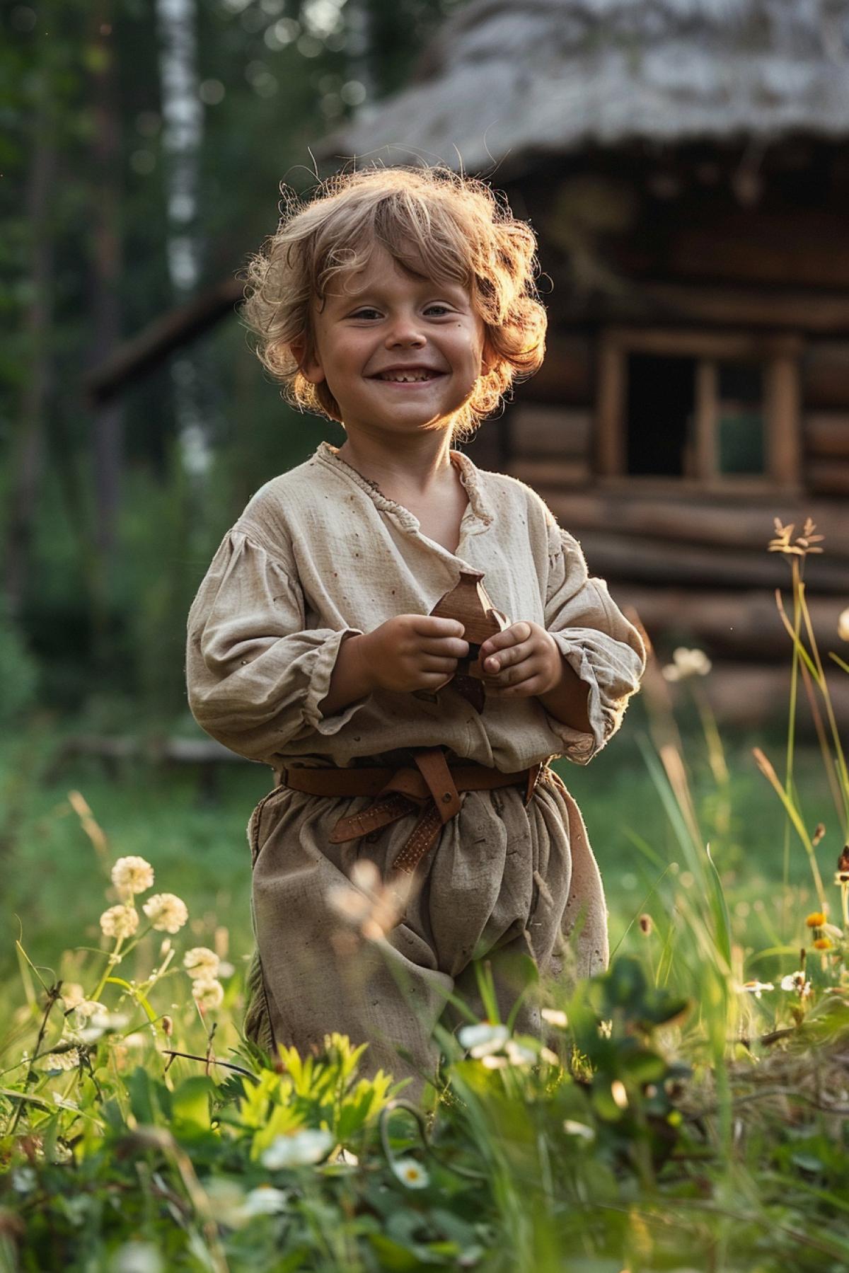 An ancient Slavic child from the times of paganism in Rus, 9th century, playing in a clearing near the forest. Dressed in a linen shirt and short pants, luxury feet. In his hands he holds a wooden toy in the shape of a horse. The face is smiling, the eyes glow with joy. Around there is green grass, flowers and trees, illuminated by the suns rays. The atmosphere of carefree childhood and harmony with nature; in the background you can see a wooden house with a thatched roof.