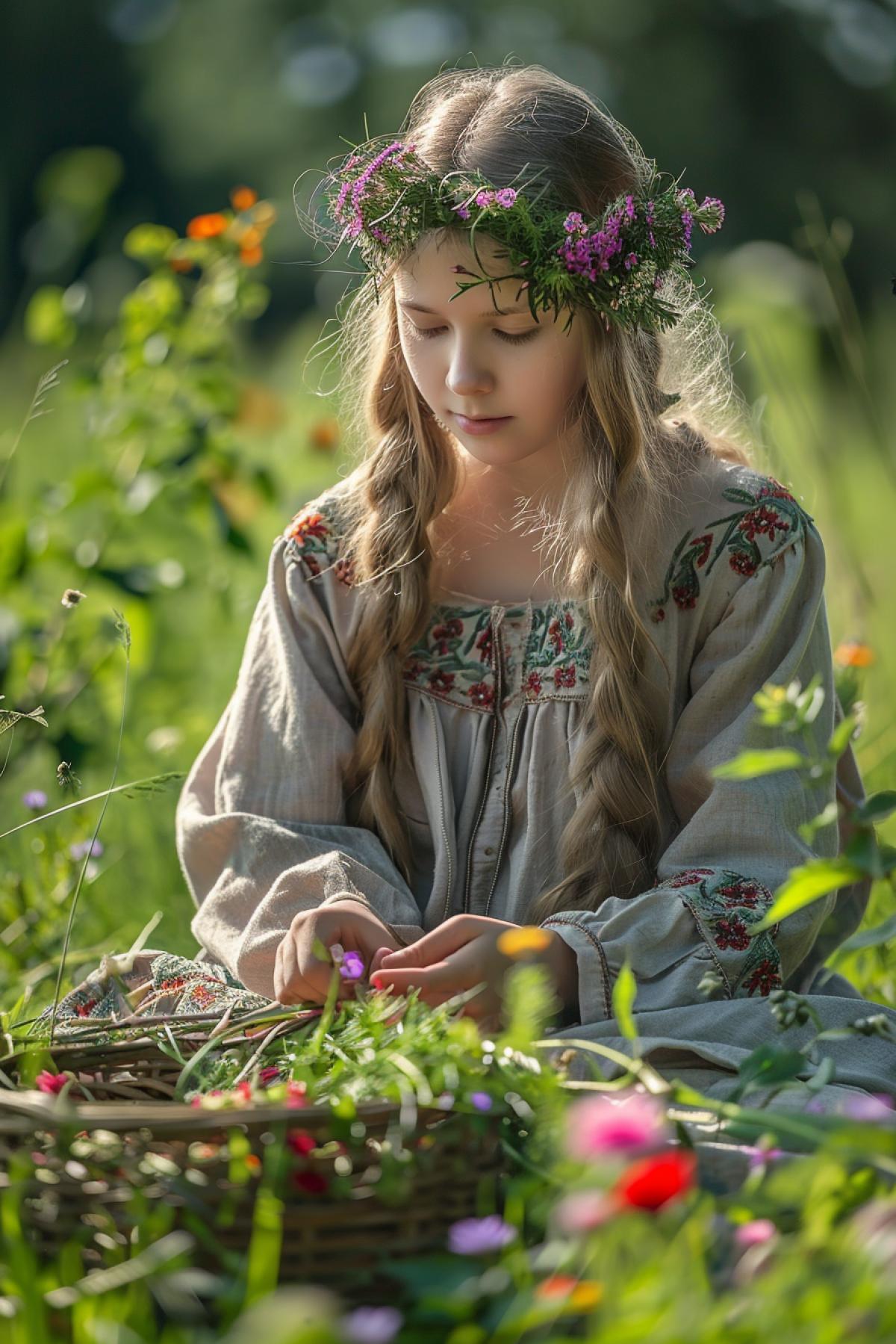 An ancient Slavic girl from the times of paganism in Rus, 9th century, weaving a wreath of flowers in a clearing. Dressed in a linen dress with embroidery, luxury feet. He holds flowers in his hands. The face is concentrated, the eyes glow with creative inspiration. There is green grass, flowers and trees around, the suns rays illuminate the scene, creating an atmosphere of joy and unity with nature. Nearby lies a wicker basket with flowers.