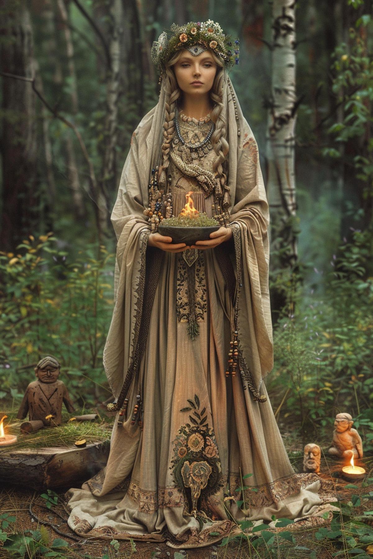 An ancient Slavic priestess from the times of paganism in Rus, 9th century, in the style of the artist Konstantin Vasiliev. Dressed in a long linen dress with embroidery, decorated with beads and amulets. On the head is a wreath of oak leaves and flowers. The face is serious, the eyes glow with wisdom and mystical power. He holds a bowl of burning herbs in his hands. Around is a forest clearing with a pagan altar, wooden idols and candles. An atmosphere of mystery and spiritual power. Vasilievs artistic style with detailed drawing and rich, deep colors.