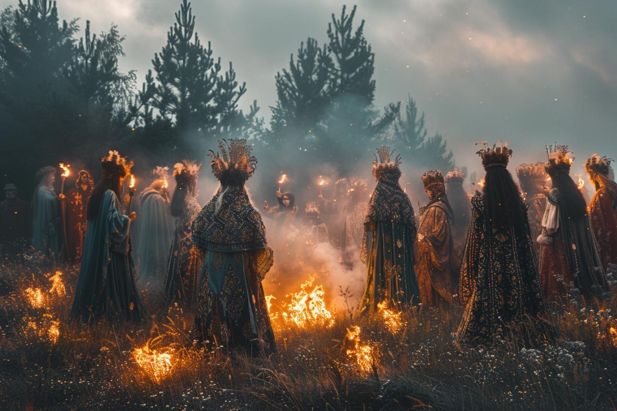 A captivating and mysterious cinematic image of an ancient Slavic world, capturing the essence and atmosphere of the Slavic tribes who lived in present-day Eastern Europe before the adoption of Christianity. The photo features a group of people dressed in traditional garb, with elaborate patterns and colors, celebrating around a roaring bonfire. The background reveals a vast, darkened forest with dimly lit, ancient structures, creating a sense of otherworldliness and connection to the earth. The scene is lit by the warm, flickering glow of the fire, casting eerie shadows across the faces of the people., cinematic, photo